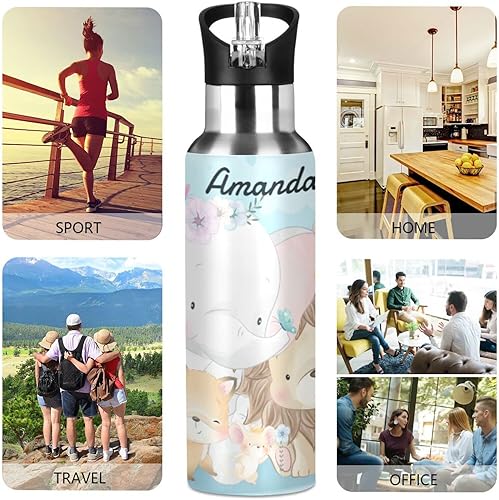 Miniatura 5 de Botella de agua personalizada con diseño de animales del bosque para niños, termo personalizado con nombre, botella con logotipo de panda elefante,