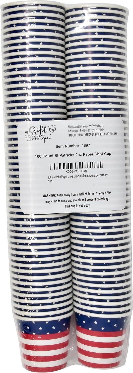 Gift Boutique 100 Patriotic Paper 2 Oz Shot Cups Fourth of July Disposable Shot Glasses America Flag Party Cups for Drinking Taster Serving Snack Samples Tasting for Beverage Dinnerware Decorations