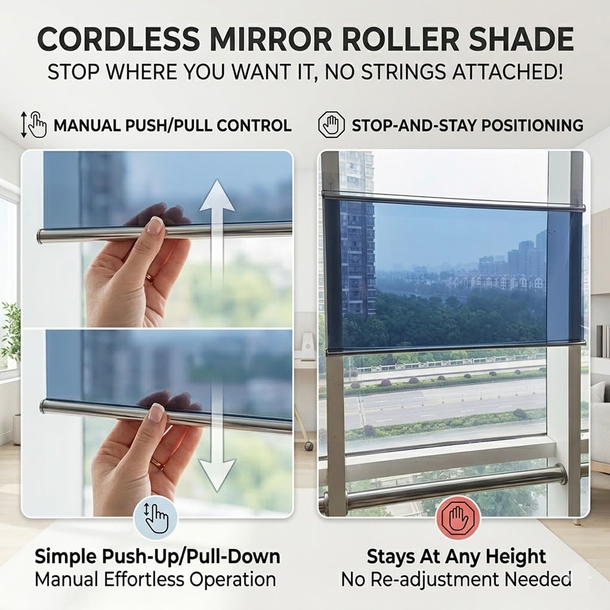 Spiegelfolie Einwegspiegel-Rollo Federrollo Ohne Kordel für Balkon Büro, Ohne Bohren Klebehaken Montage Einseitig Sichtschutz UV-Schutz Hitzeschutz Fenster Tür Büro Balkon(Blau,W95xH200cm)