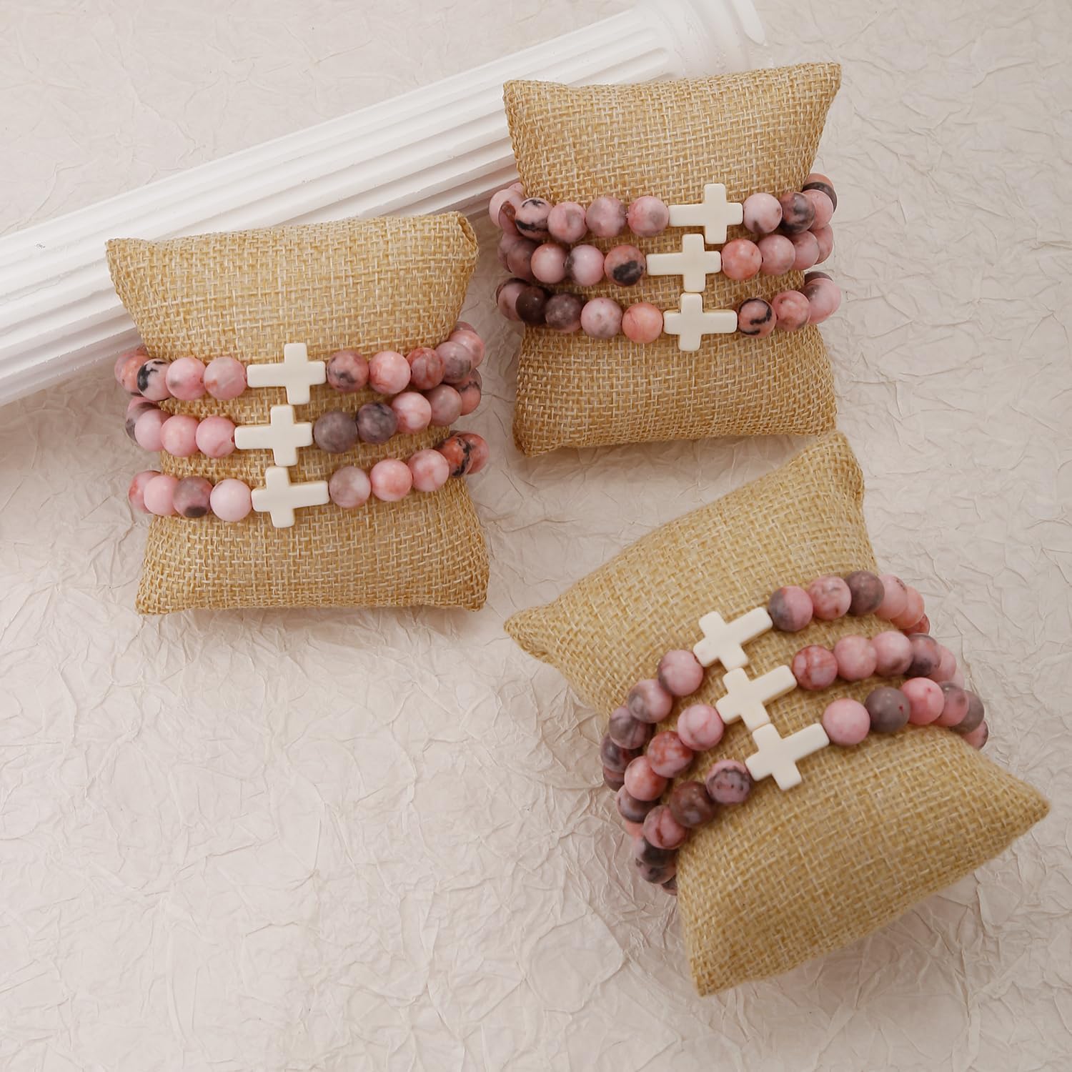 COLOYAN 9Pcs Cross Natural Stone Bracelets for Women, 8mm Stone Beaded Cross Bracelet for Mother Grandma Wife, with 9 Meaningful Card Inspirational - Image 3