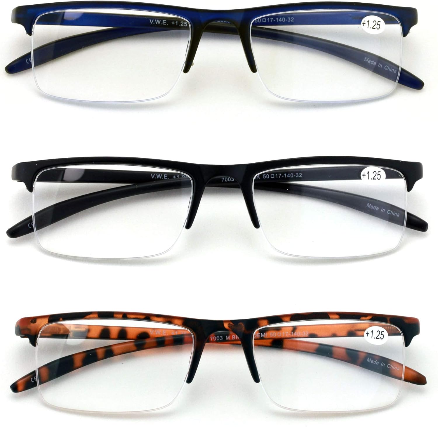 3 Pairs Half Rim Rectangular Readers With Spring Hinge – Extended Temple Reading Glasses