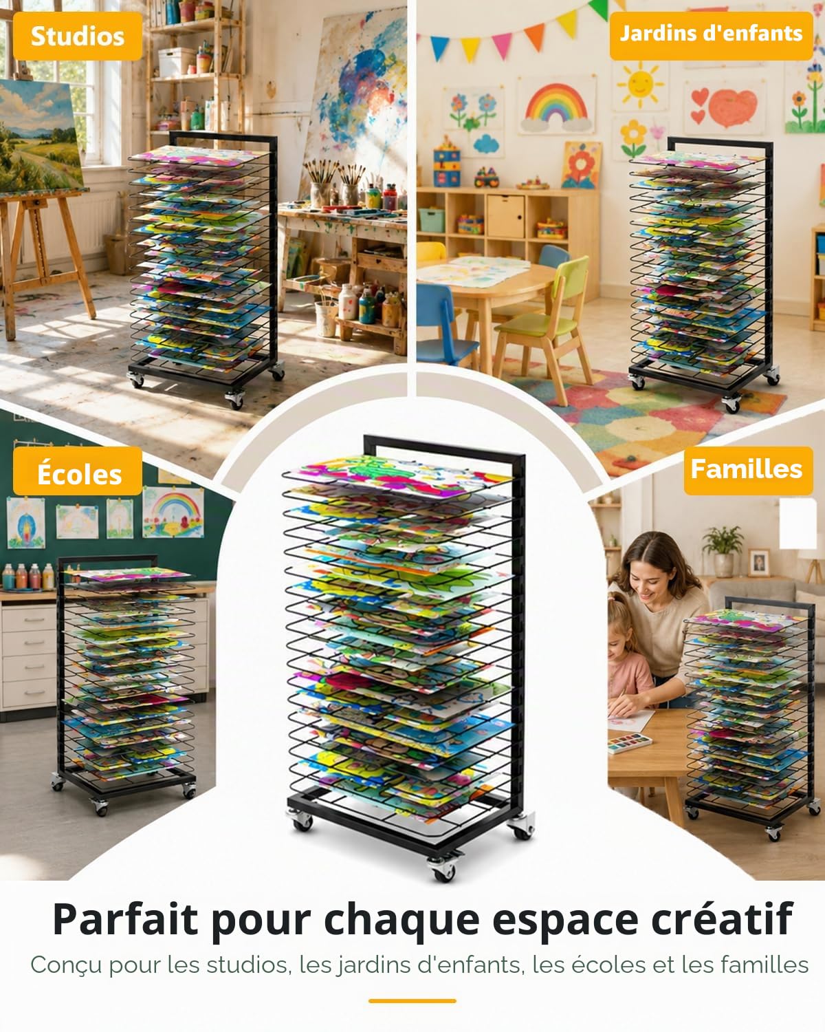Séchoirs à Dessins, Support de séchage 18 Étagères, Seche Dessin Mobile pour œuvres d'art, Rack de Rangement, Dessins de Séchage avec Roues Verrouillables, pour Ateliers et créatifs peintures