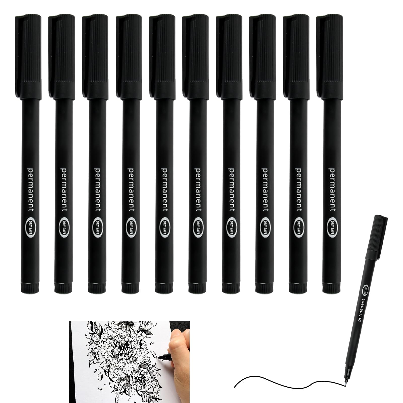 10 unidades Rotuladores Permanentes Negros, Marcador Punta Fina 0,6 mm, Tinta Resistente al Agua y a las Manchas, Secado Rápido, Duraderos y Bajo Olor, Apto para Plástico, Metal, Vidrio, Cartón, Papel