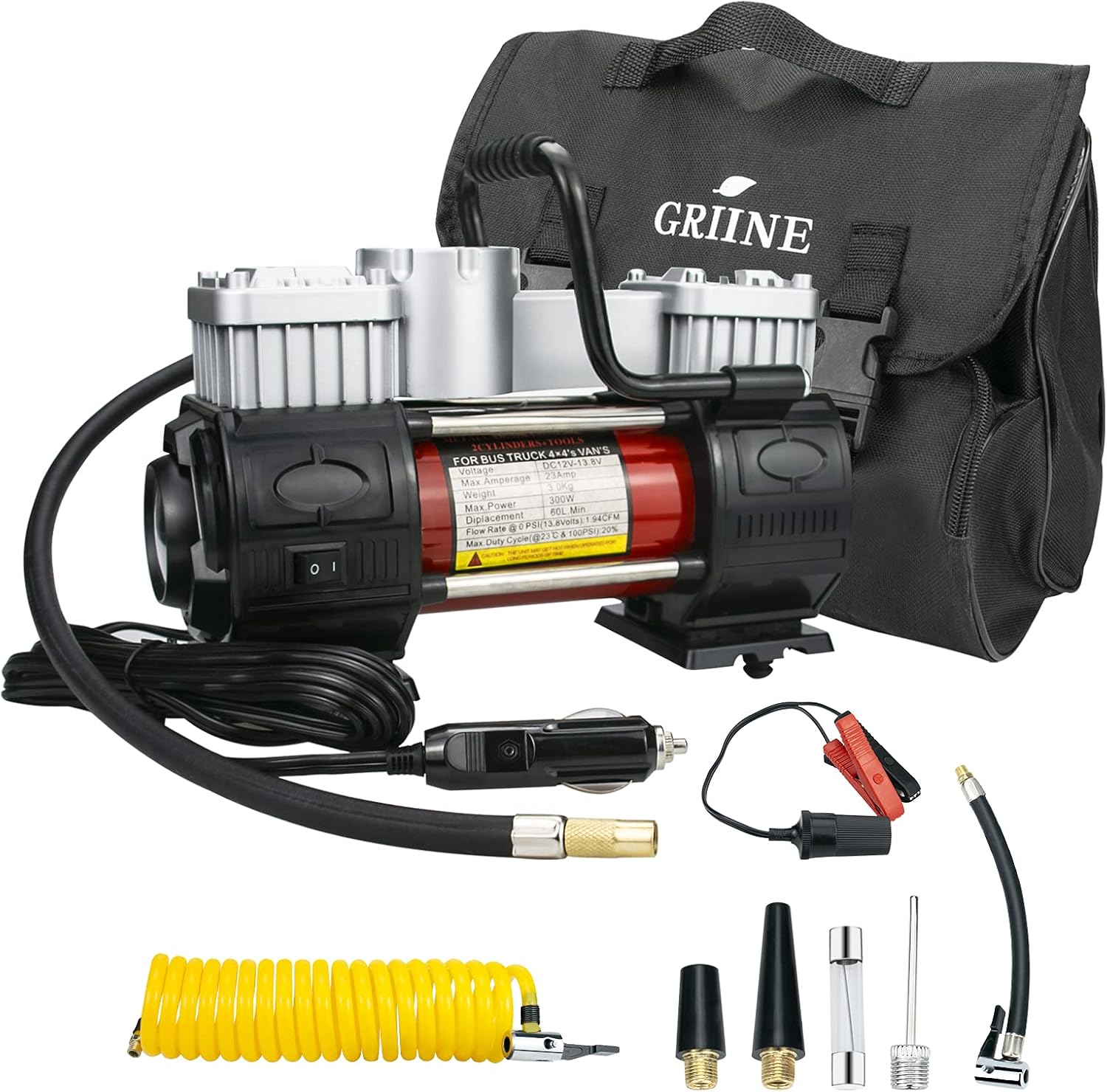 Griine Heavy duty twin cylinder tire inflator with carrying bag, metal 12V air compressor pump 150PSI, with adapter, suitable for SUVs/Trucks/Vans/RVs,red : Automotive