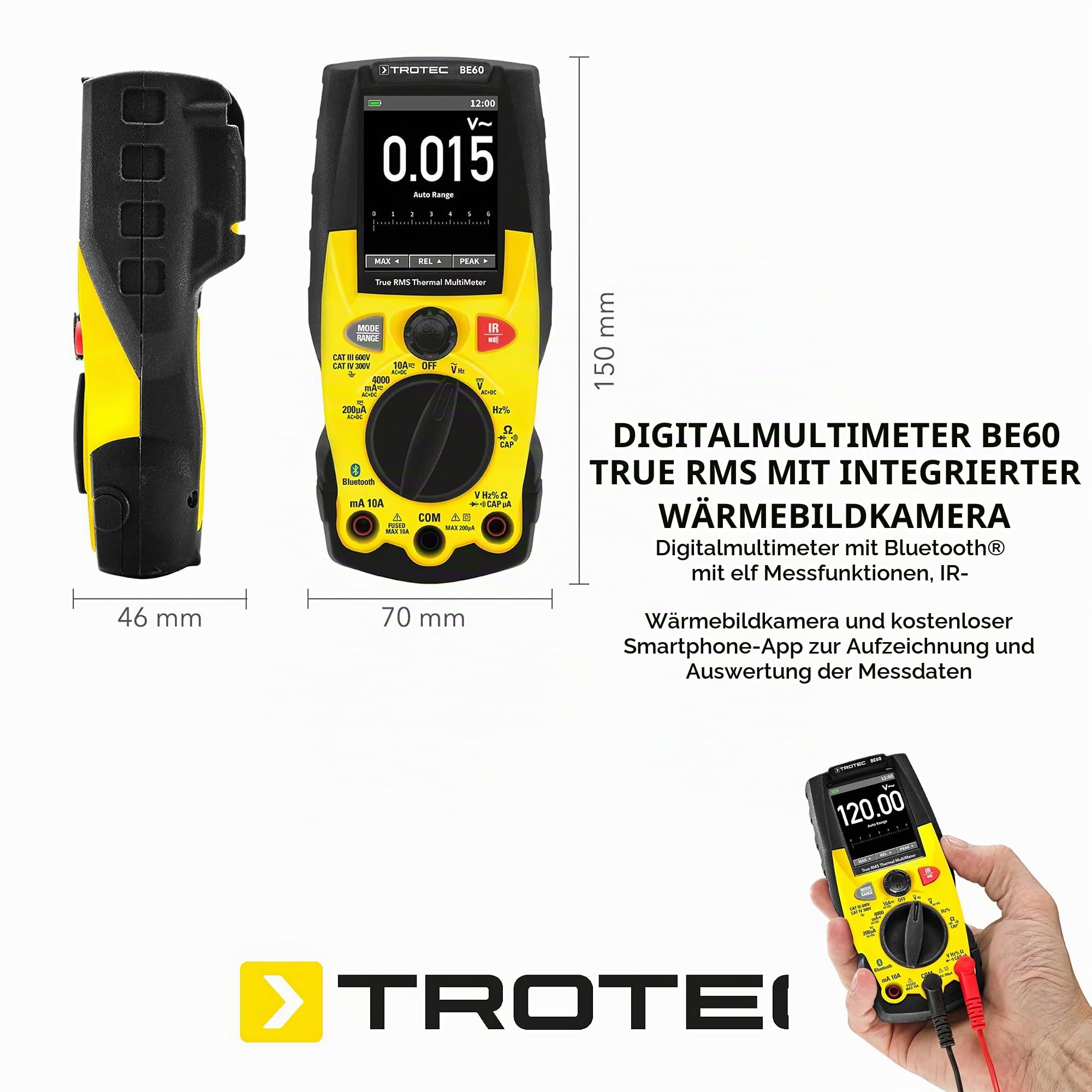TROTEC Digitales True-RMS-Multimeter mit integrierter Wärmebildkamera BE60 elf Messfunktionen IR-Wärmebildkamera kostenlose Smartphone-App Bluetooth CAT III 600 V/CAT IV 300 V