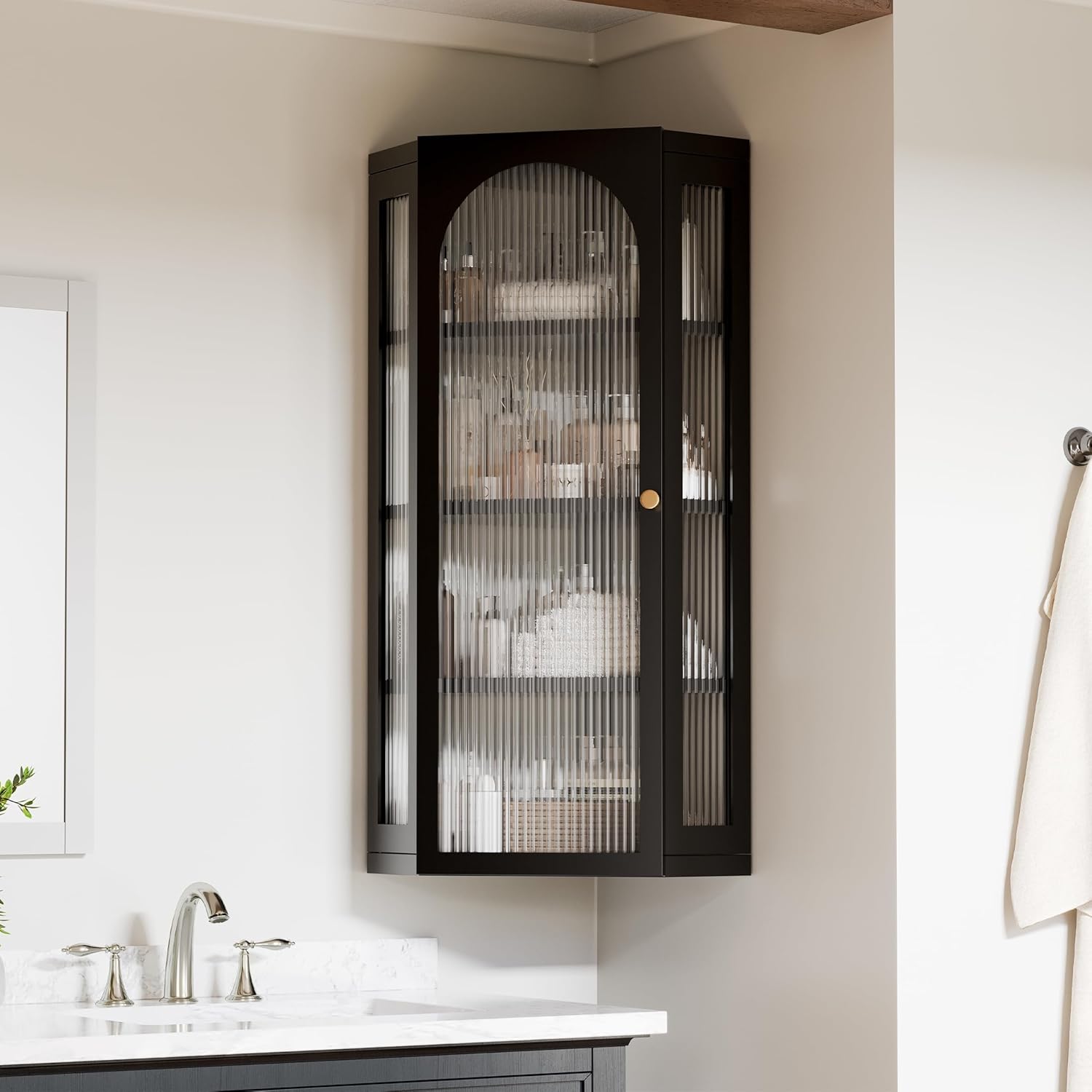 Bathroom Corner Wall Cabinet, Metal Medicine Cabinet with Glass Doors and Shelves, Hanging Corner Storage Cabinet for Bathroom, Kitchen, Laundry Room (Black)