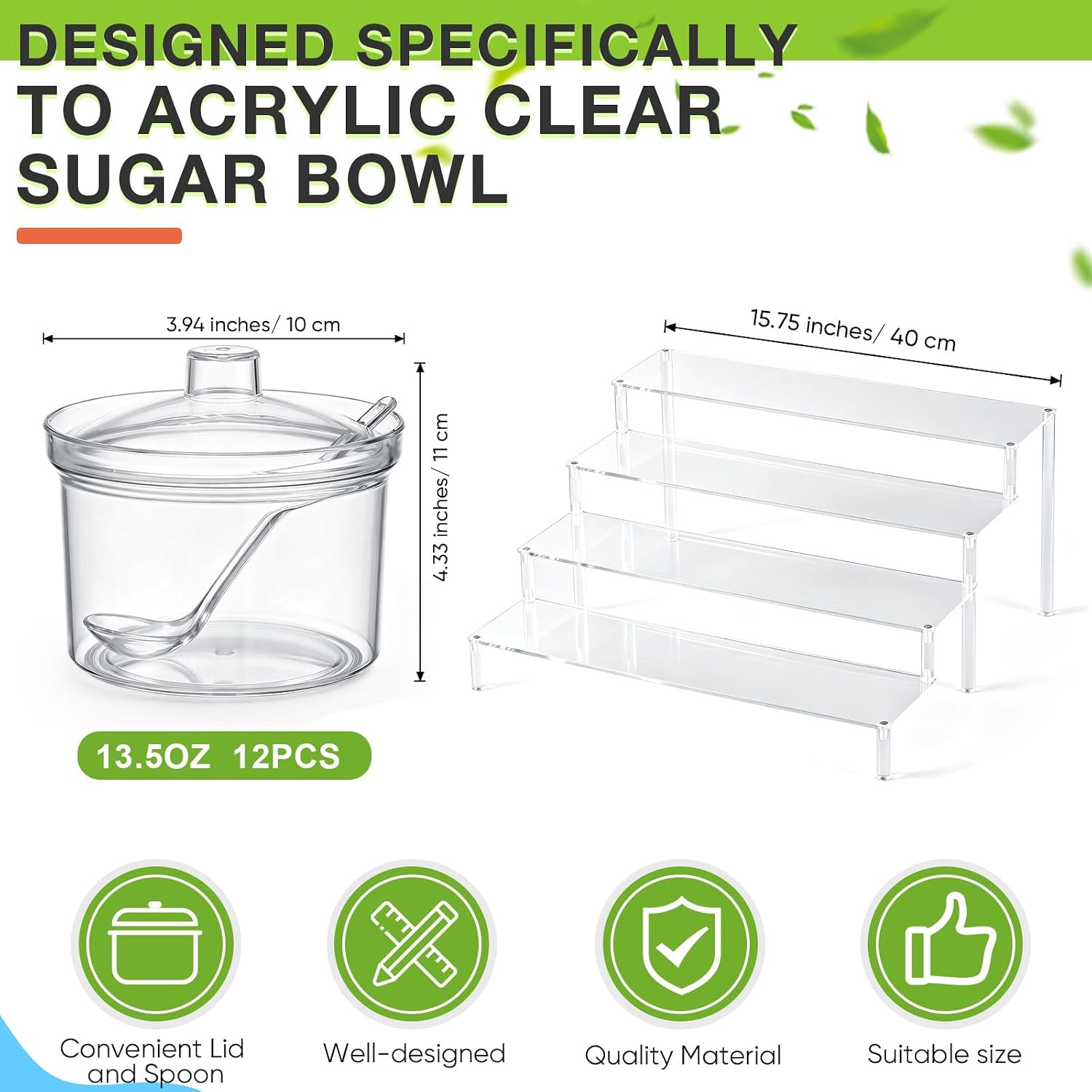 12 Pcs Clear Sugar Bowls with Lid and Spoon and Acrylic Display Risers 13.5 oz Topping Containers with Tag and 4 Tier Acrylic Shelf Stand for Kitchen Hot Cocoa Bar Ice Cream Bar Supplies