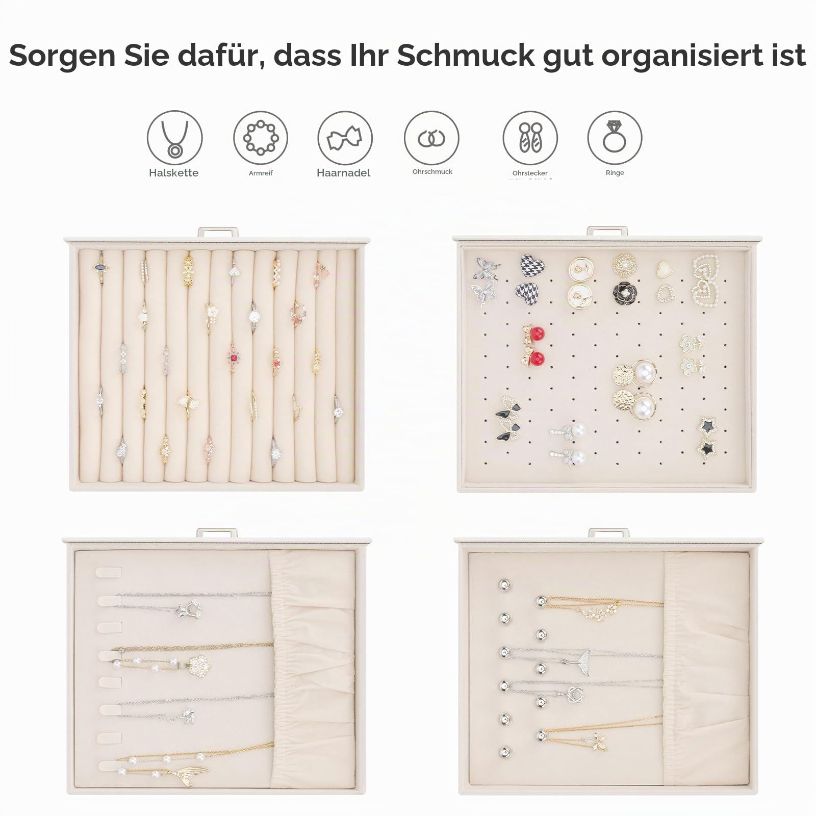DesignSter Schmuckkästchen, Schmuckschatulle für Damen, PU Schmuckbox mit 4 Seitlichen Schubladen, Schmuckaufbewahrung für Ohrringe, Halsketten, Ringe, Armbänder, Uhren, Beige