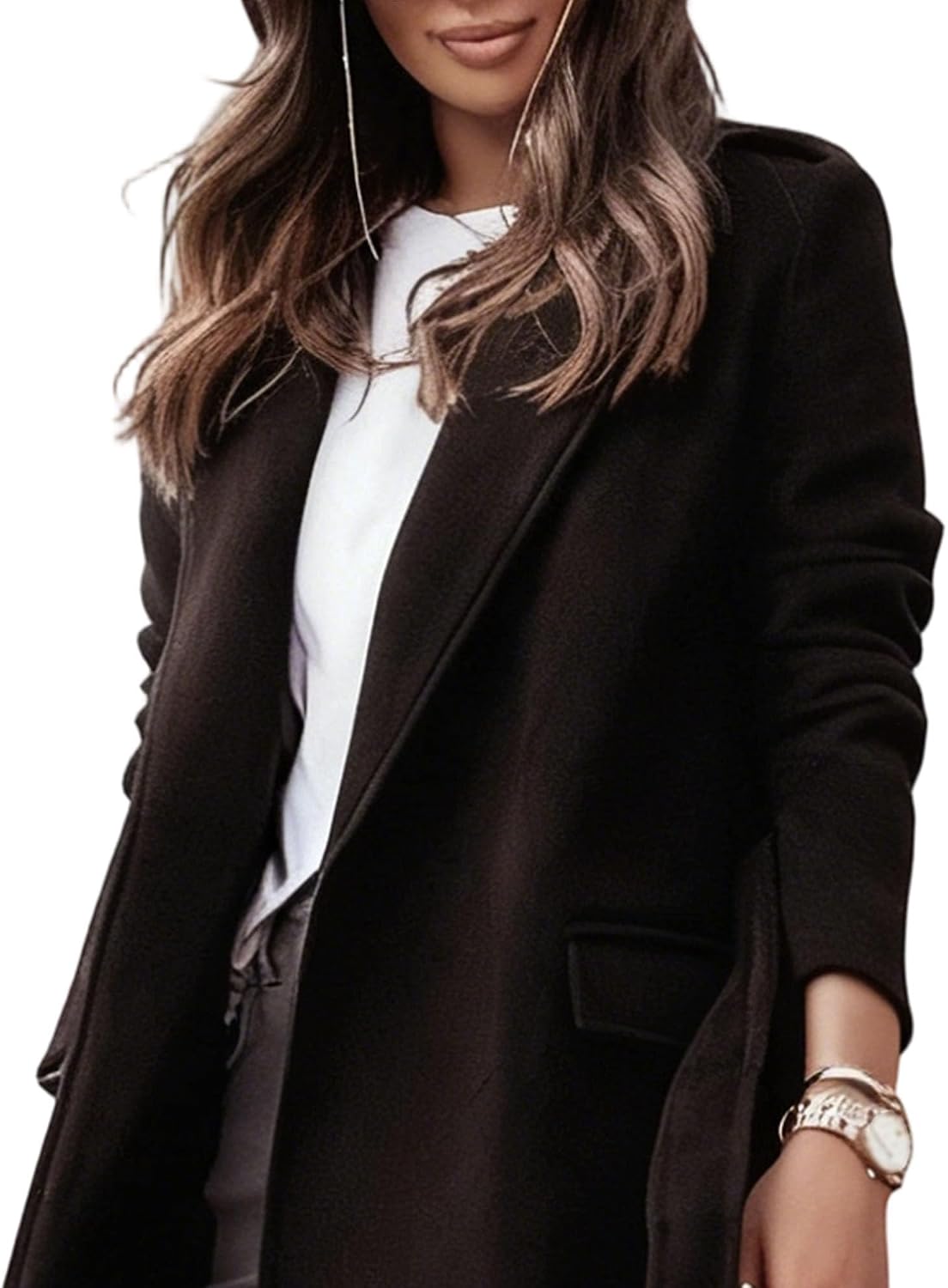 Womens Long Coats Fall Winter Elegant Lapel Collared Open Front Trench Coat Peacoat Trench Overcoat with Self Belt