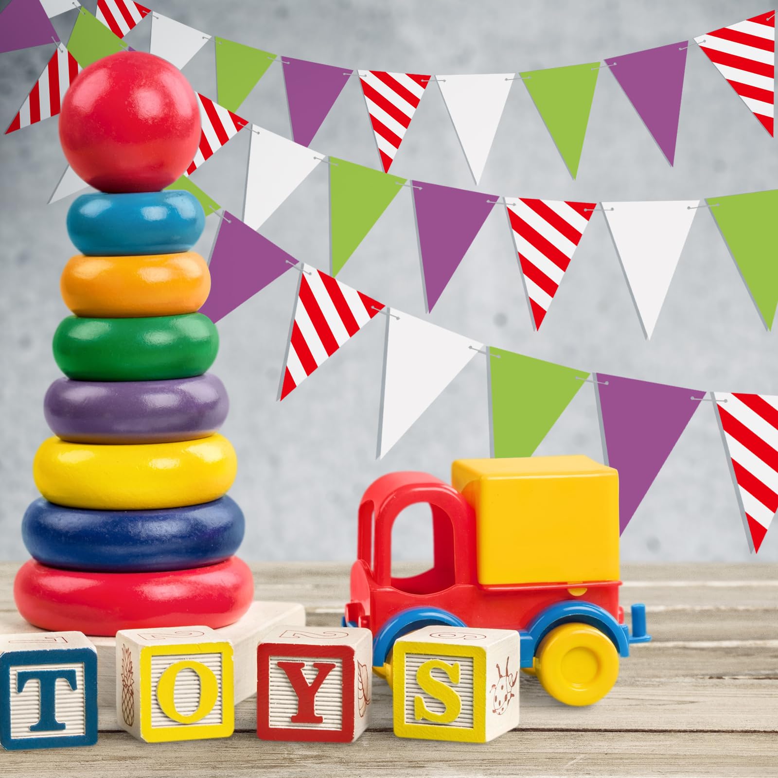 SmoothNovelty 5 Stück Cartoon-Licht-Spielzeug-Themenparty-Dekorationen, Banner | Dreieckige Wimpelflagge mit Spielzeugthema, grün, lila, weiß, für Spiel 1., 2., 3., 4., 10. Geburtstag, Partyzubehör