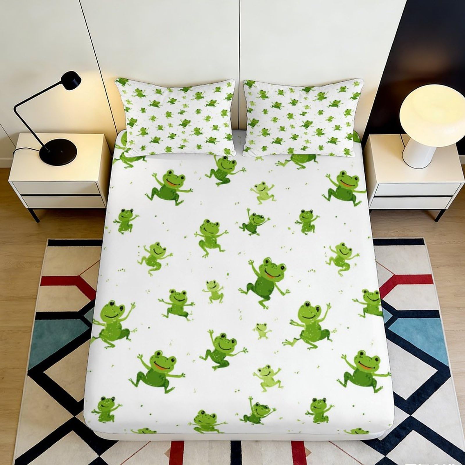 3D Printed Cartoon Frog Fitted Sheet Microfiber Soft Breathable Green Frog Bed Cover for Bedroom Dorm Mattress Decor 90x200x25cm