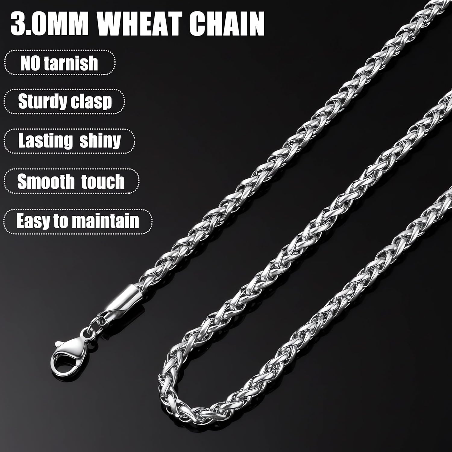 Fiusem Wheat Chains for Men and Women, 2/2.5/3/4/5mm Silver Tone/14K Gold Plated/Black Necklace Chain, Stainless Steel Mens Necklace 16-28 Inch - Image 6