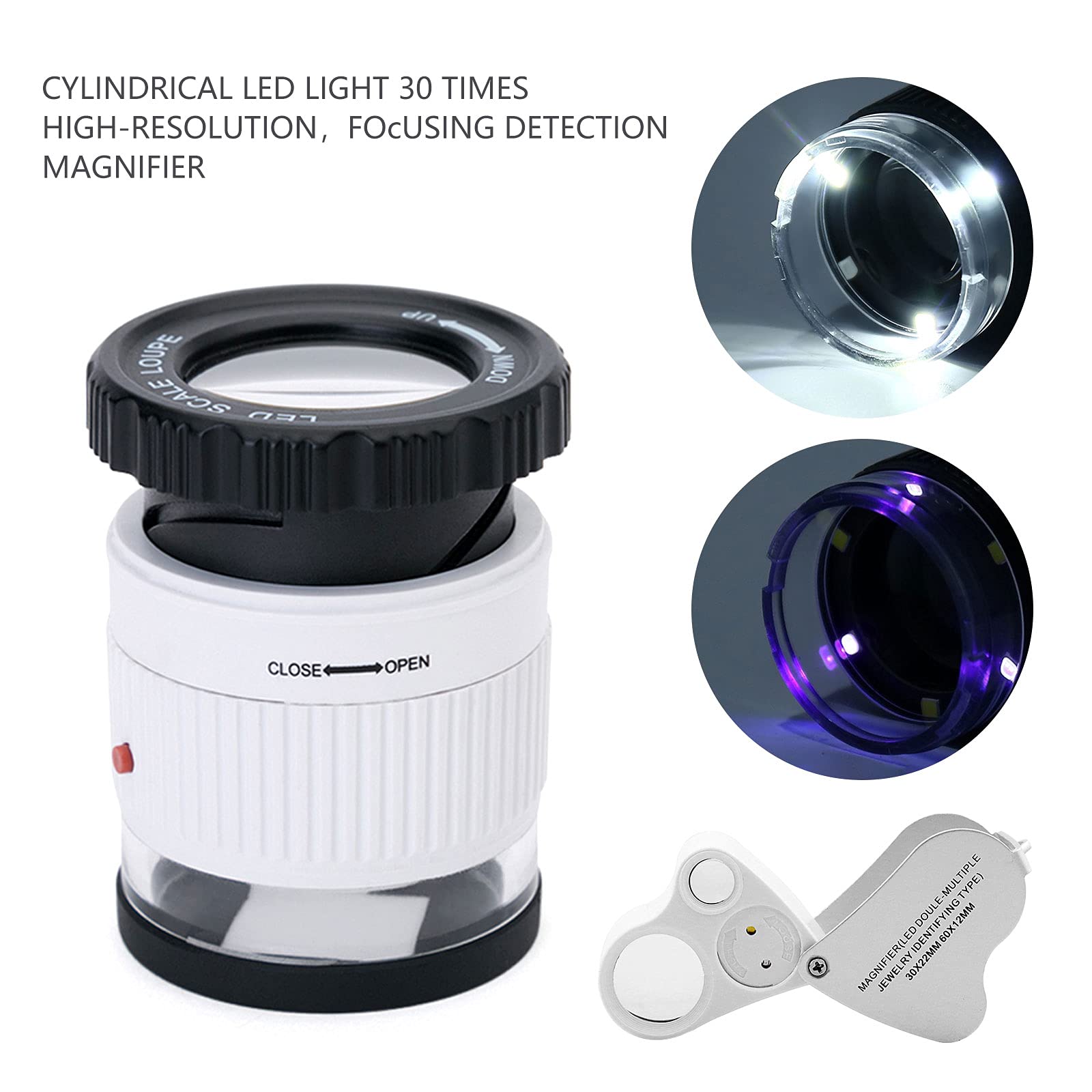 2 sztuki lupa do lupy, 30 x i 60 x lupa jubilerska ze światłem LED, 30 x szkło powiększające z 3 światłem UV i 3 diodami LED do biżuterii, kamieni szlachetnych, skał, znaczków, monet, zegarków i antyków