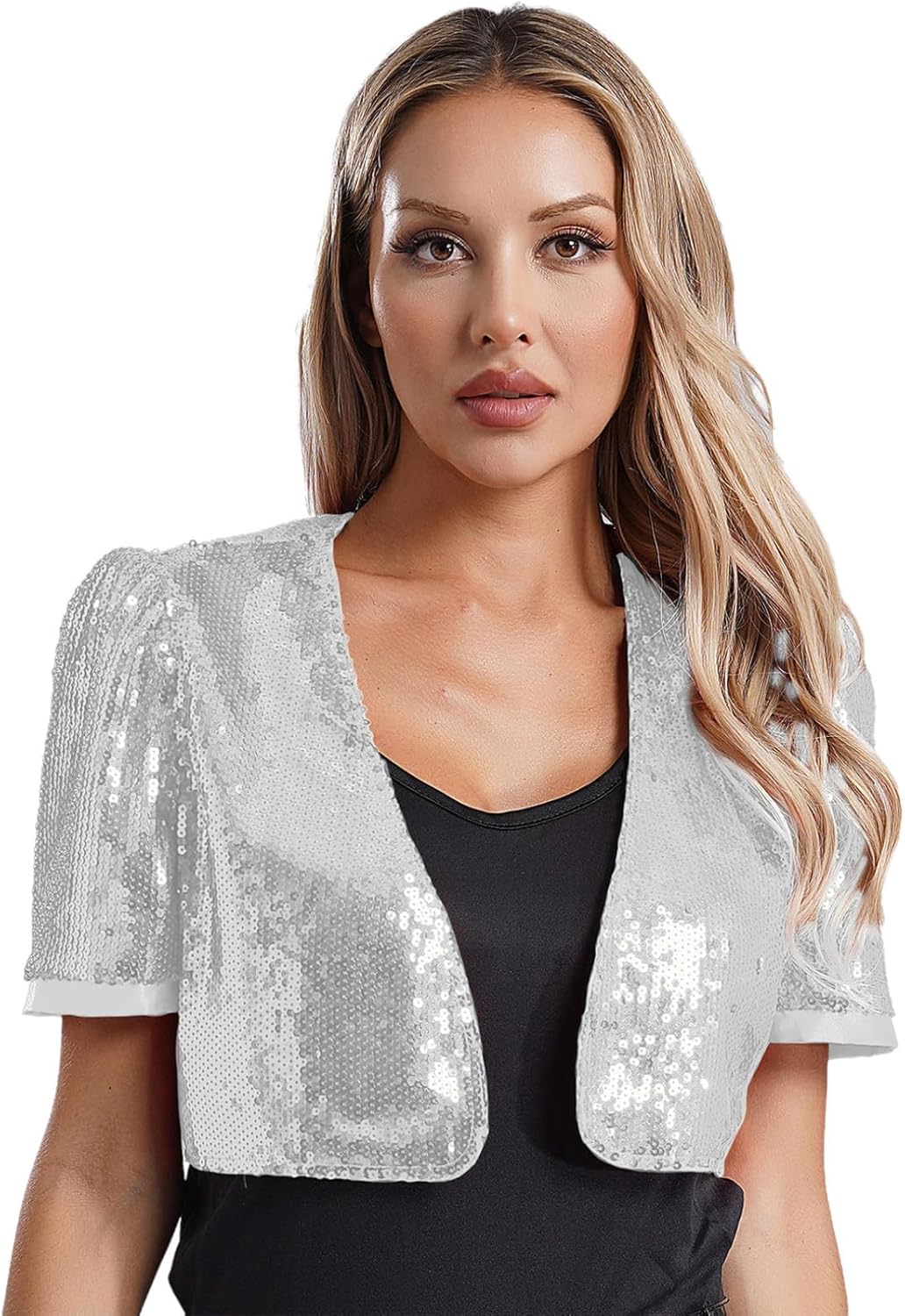 ranrann Femme Boléro Paillette Manches Courtes/Manches Longues Brillant Veste Manteau Cardigan Court Gilet Sequin Costume Elégant Argenté Taille Unique ranrann Femme Boléro Paillette Manches Courtes/Manches Longues Brillant Veste Manteau Cardigan Court Gilet Sequin Costume Elégant Argenté Taille Unique