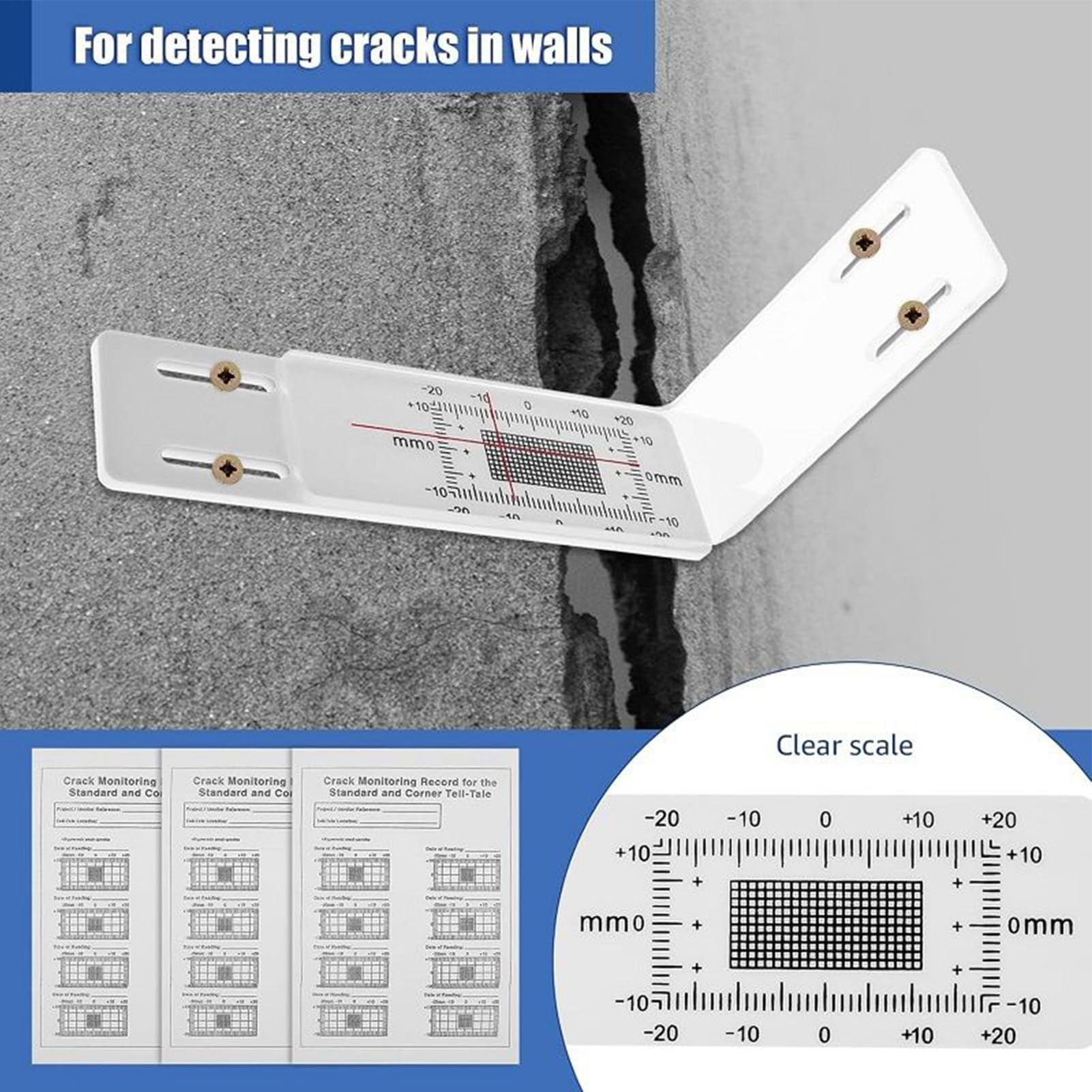Moniteur de Jauge de Fissure | Jauge de Mesure en Acrylique en L - Contrôleur de Fissures - pour des Fissures sur Intérieurs et Extérieurs et Angles