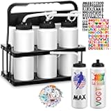 Suclain 7 Pcs Hockey Water Bottles Set, 33 Oz Team Sports Water Bottles and Carriers with Long Straw Stickers Squeeze Wide Mouth Plastic for Football Fitness Bike Gym Camping (White)