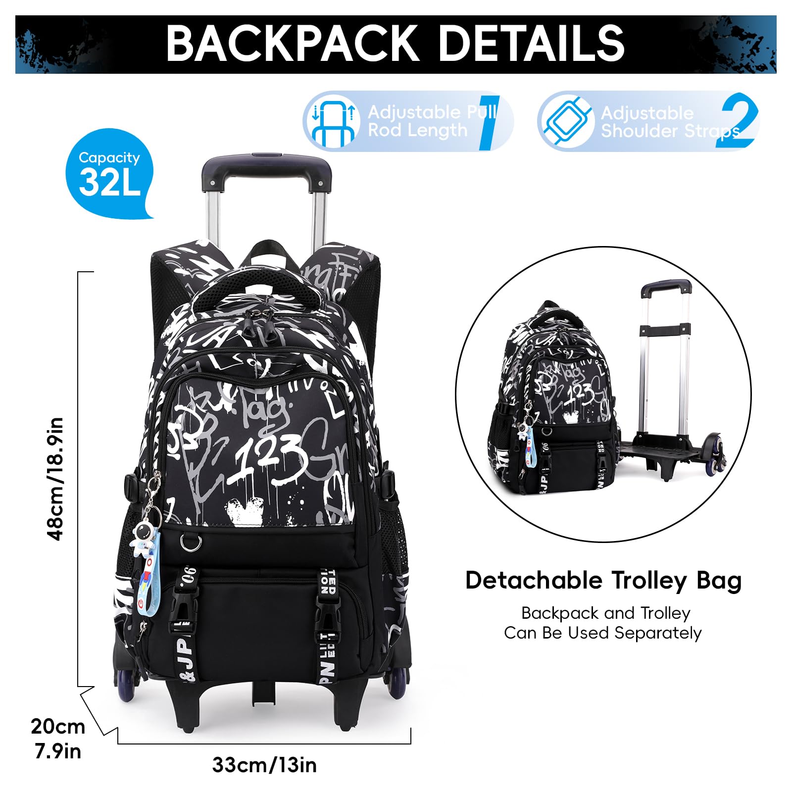 Amythe Mochilas Escolares con 6 Ruedas para Niños y Adolescentes Moda | 6 Ruedas Mochila Carro para Chicos 15.6 pulgadas, Trolley Escolar para Colegio, Ocio y Viajes, Vuelta al cole, Negro
