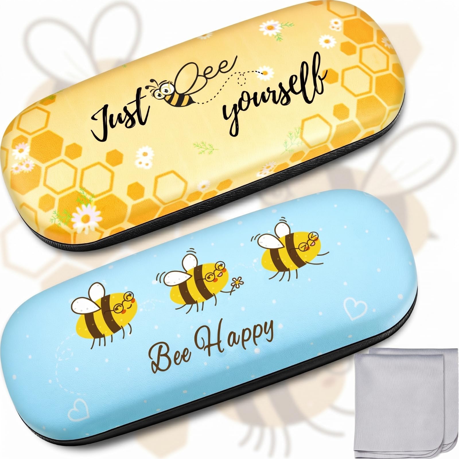 2 Pack Honeybee Hard Shell Glasses Case for Women Bee Yourself Cute Animal Pattern Sunglasses Cases Clamshell Eyeglasses Storage Box with 2 Lens Cleaning Cloth for Sunglasses Protection(Honeybee)