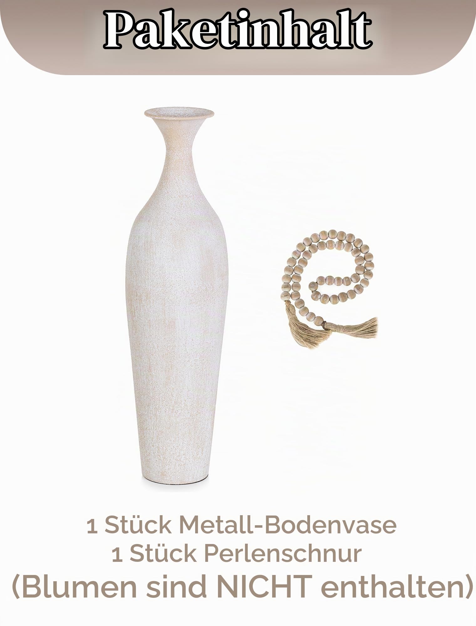 Sziqiqi Metall Bodenvase Groß 60cm: Hoch Vasen Rustikale mit Boho Perlen | Dickes, Stabile, Weiß, Sicher für Kinder und Haustiere, für Faulpelze, Indoor, Wohnzimmer, Landhaus, Einweihung