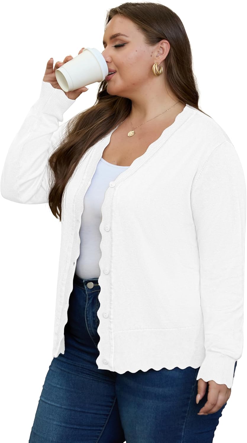 OLRIK Plus Size Cardigan for Women Cropped Long Sleeve V-Neck Buttons Down Ribbed Wave Edges Casual Knit Shrugs - Image 4