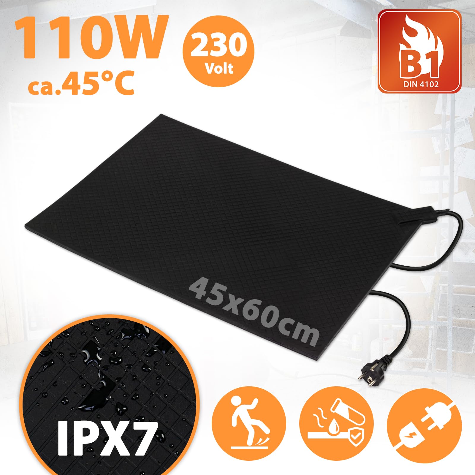 Mi-Heat Gumowa mata grzewcza 45 x 60 cm, 110 W – ciepłe stopy w chłodni, magazynie, na taśmie montażowej, stoisku sprzedażowym lub na zewnątrz