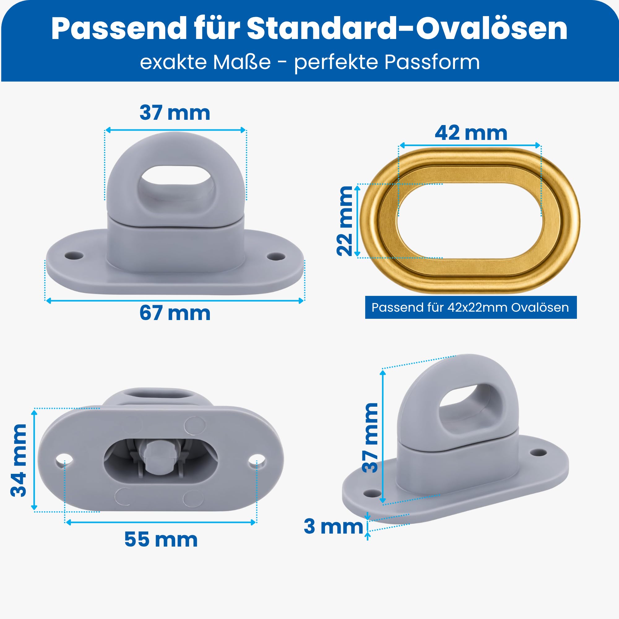 20 tappi a vite per occhielli ovali, chiusura a rotazione, in plastica, grigio chiaro, occhiello 42 x 22 mm, in poliammide resistente alle intemperie, altezza 40 mm, distanza tra i fori di 51 mm