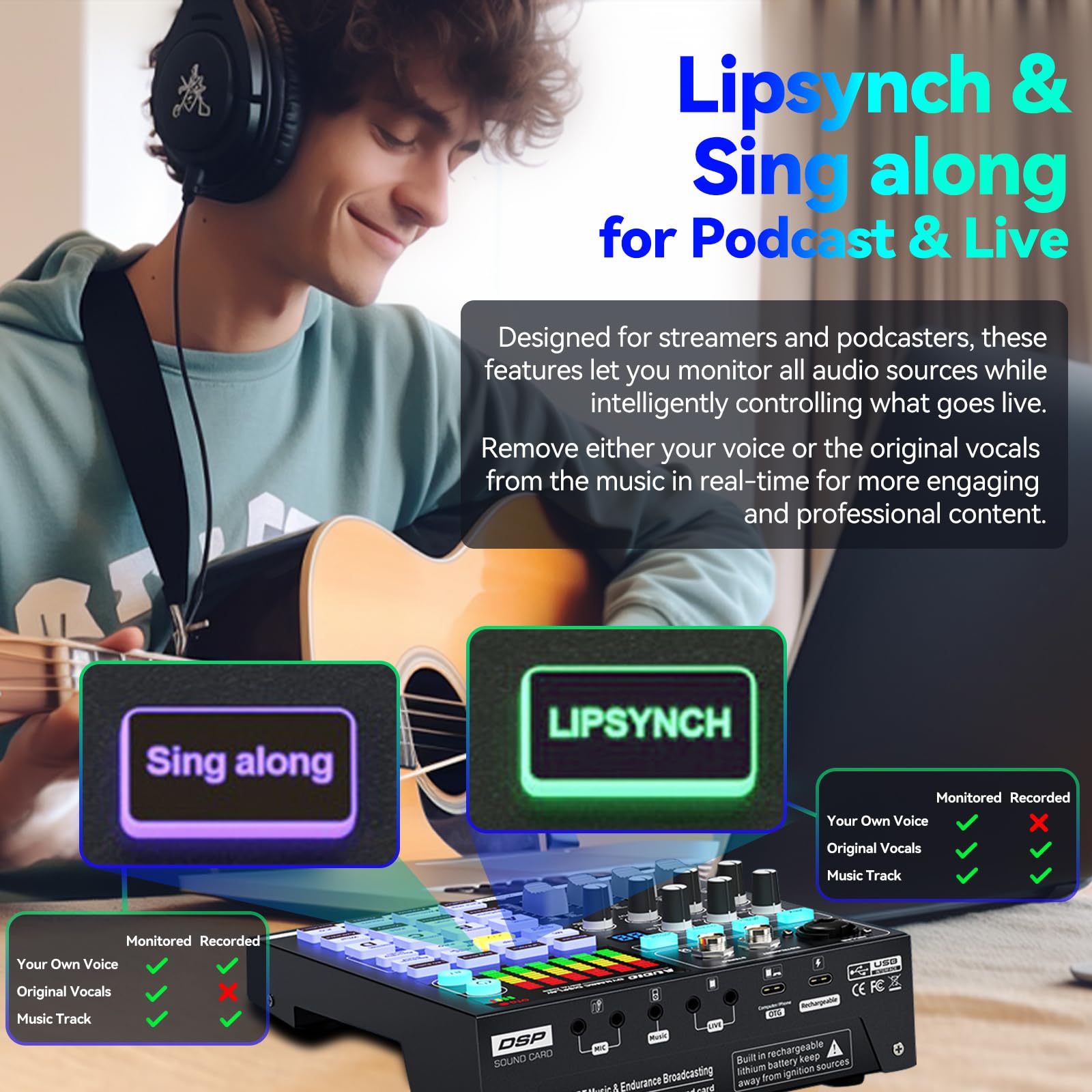 Scheda audio, mixer audio DJ con DSP, ingresso XLR, batteria integrata, scheda effetti sonori per live streaming, podcasting