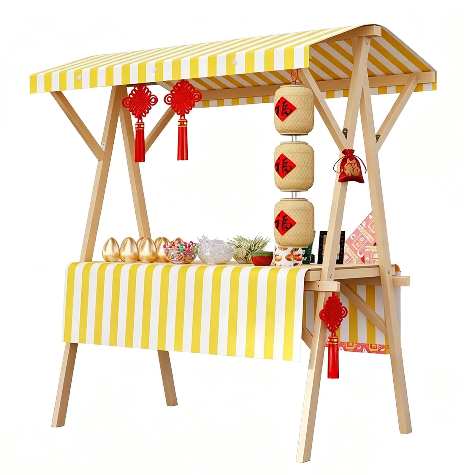Wooden Market Stall Stand with Canopy, Foldable Vendor Cart Table for Farmers Market, Display Tent for Outdoor Events(Yellow,160cm/63in)