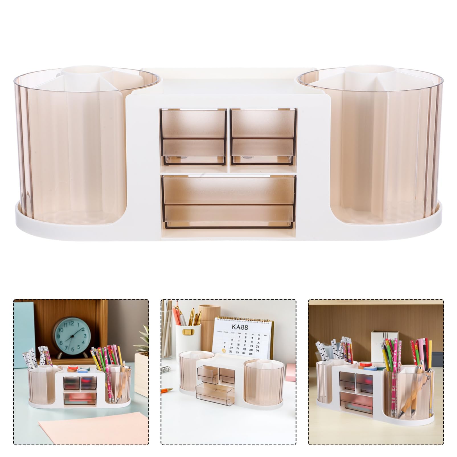 DOITOOL Organizador de Escritorio Giratorio con Cajón Portalápices Transparente Doble Rotación para de Oficina Almacenamiento de Papelería y Accesorios de Arte