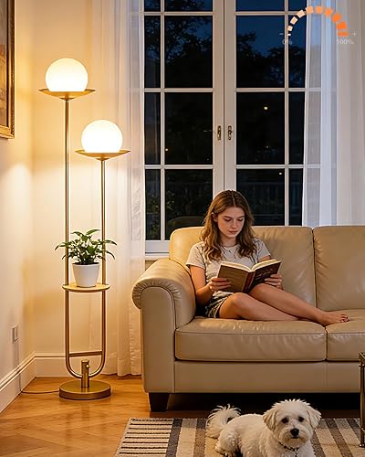 Miniatura 20 de Lightdot Lámparas de pie bohemias regulables para sala de estar, lámpara de pie de ratán de 3 luces con estantes, lámpara de pie de granja blanca