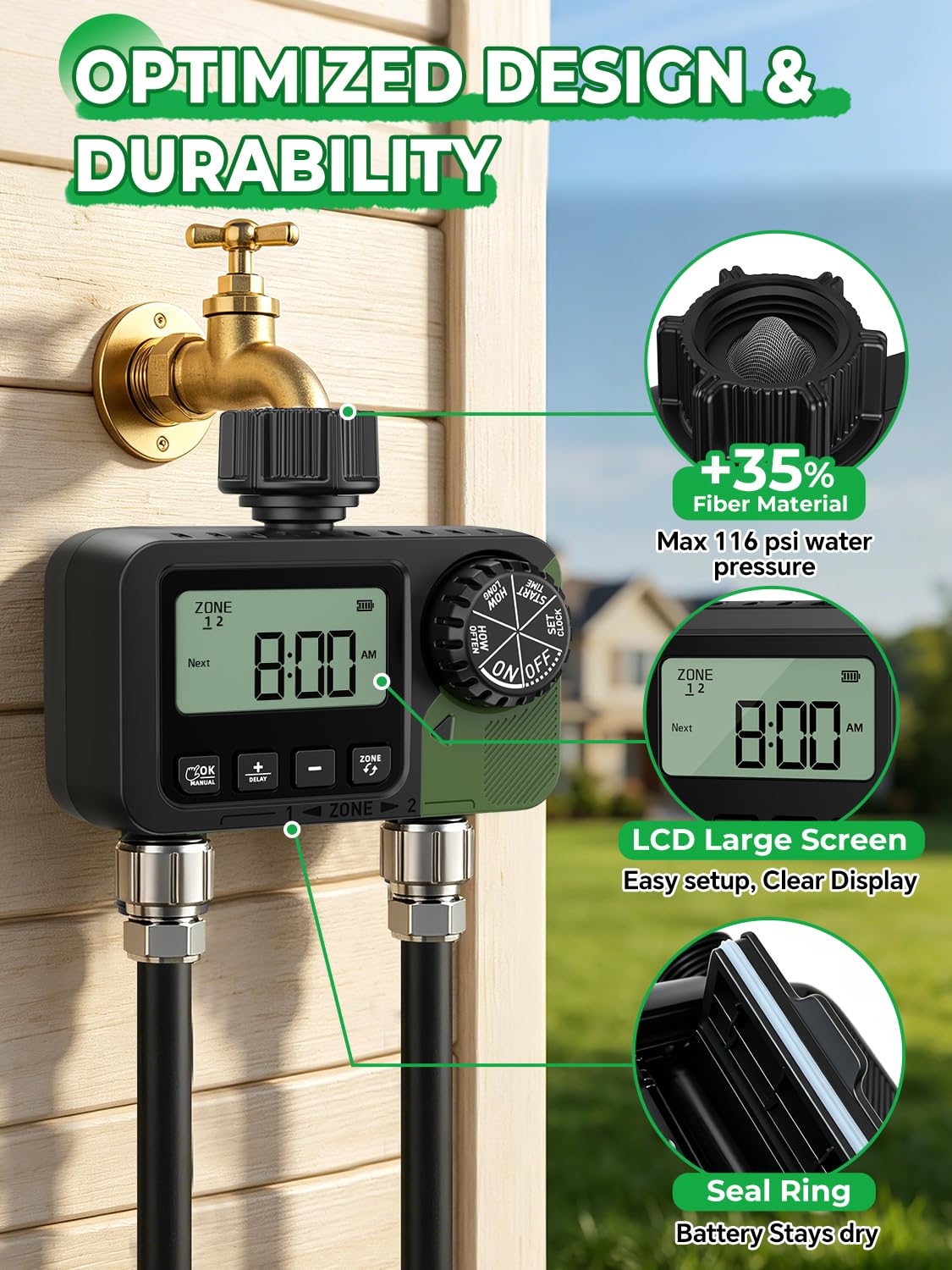 Temporizador de aspersor de 2 tomas, temporizador programable de manguera de agua con retardo de lluvia/sistema de riego manual/automático, riego automático digital al aire libre para jardín, patio