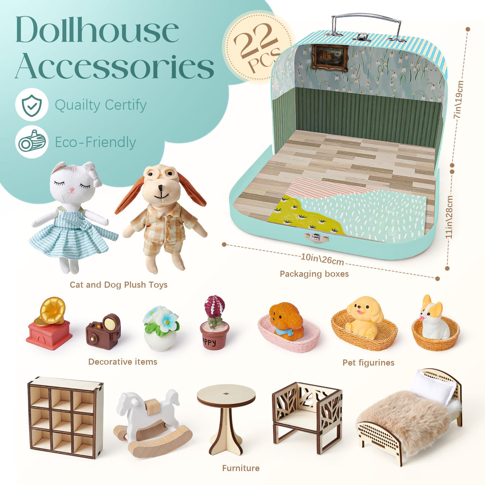 Casa de Muñecas Maletín Portátil con Accesorios, Mini Casa DIY con Gato y Perro de Peluche, Muebles de Madera, Juego de rol, Regalo de Cumpleaños/Navidad para Niños y Niñas Desde 3 Años