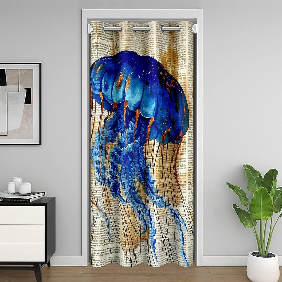 Jellyfish Doorway Curtain Privacy,Vintage Brown Old Newspaper European Blackout Curtain for Bedroom,Dreamy Marine Life Ocean Animal Undersea Door Cover Curtain Rustic Decor,80"×60" 1 Panel