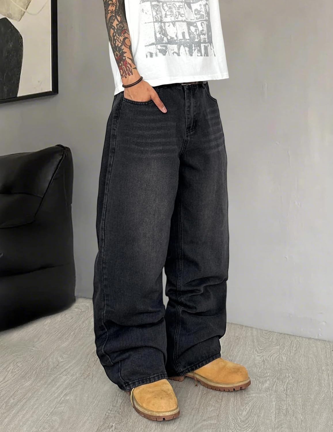 QGRSWBC Mens Wide Leg Jeans Super Baggy Pants Y2k Loose Fit Denim Jeans Skater Trousers Streetwear - Image 3