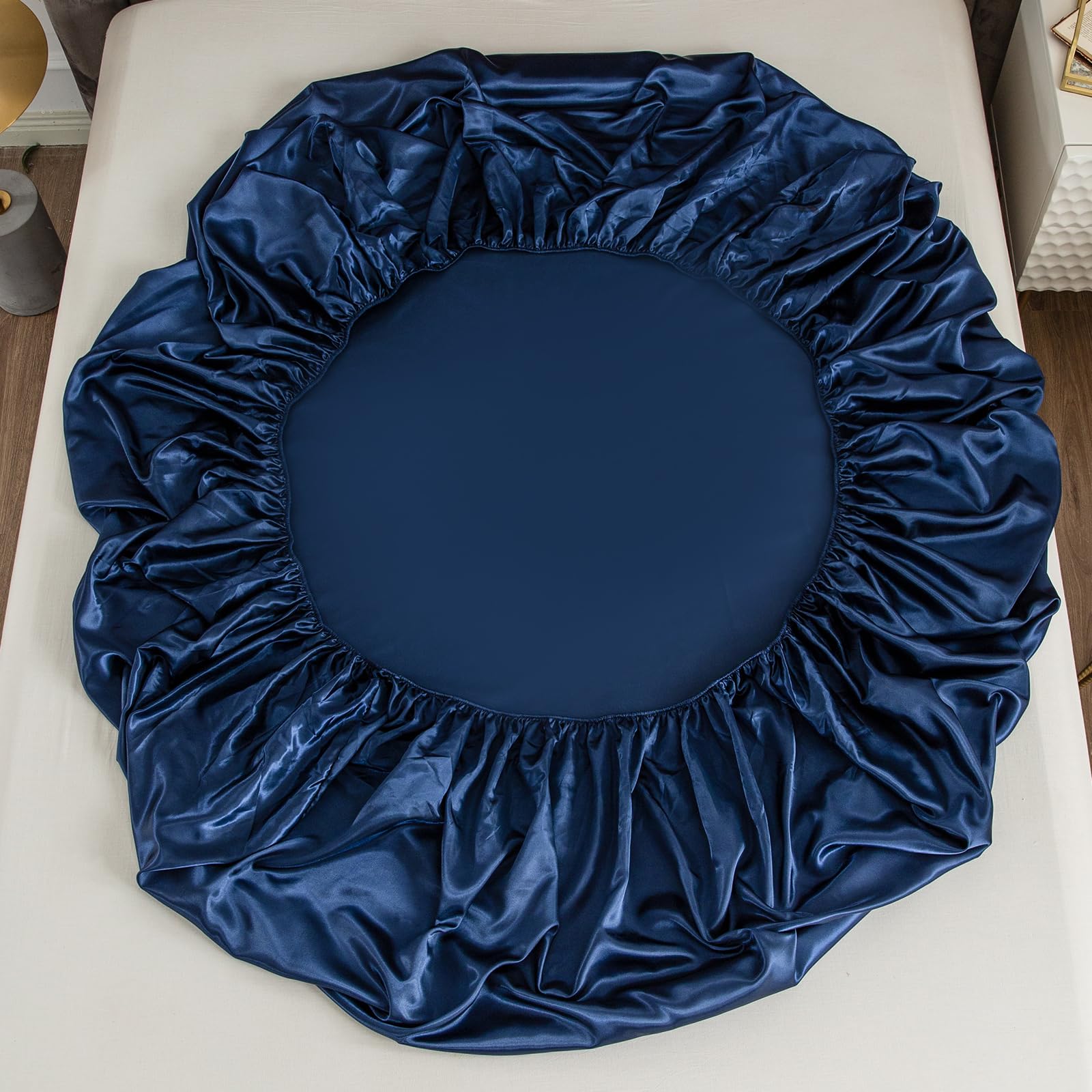 Morbuy Small Double Fitted Sheet Satin Silk Bed Sheets, Navy Blue Fitted Sheets Deep Pocket 30 cm - Image 3