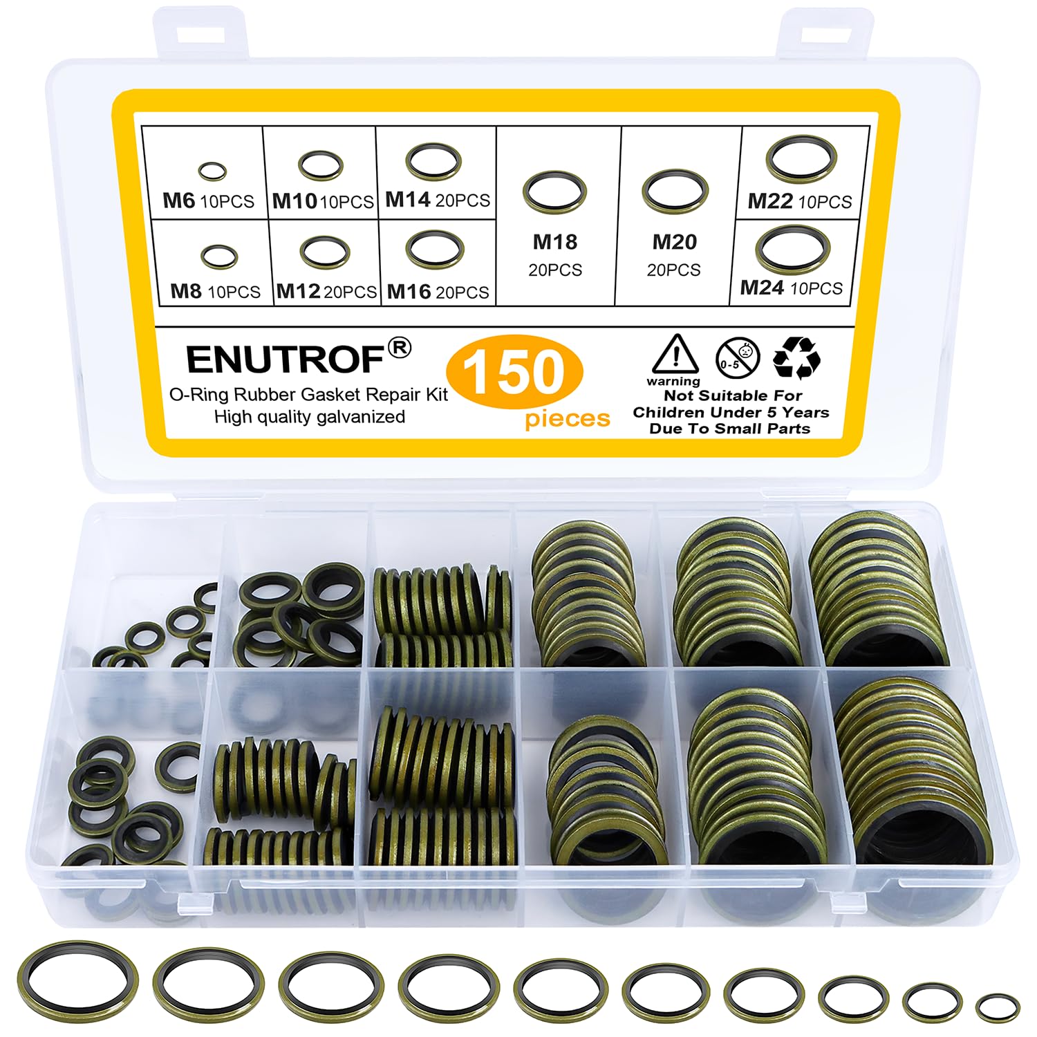 NICAVKIT 162 stuks hydraulische afdichtingen met rubberen lip M6-M30 olieafvoerschroeven Bonded Seals assortiment afdichtingen voor centrale hydrauliek, serve besturing