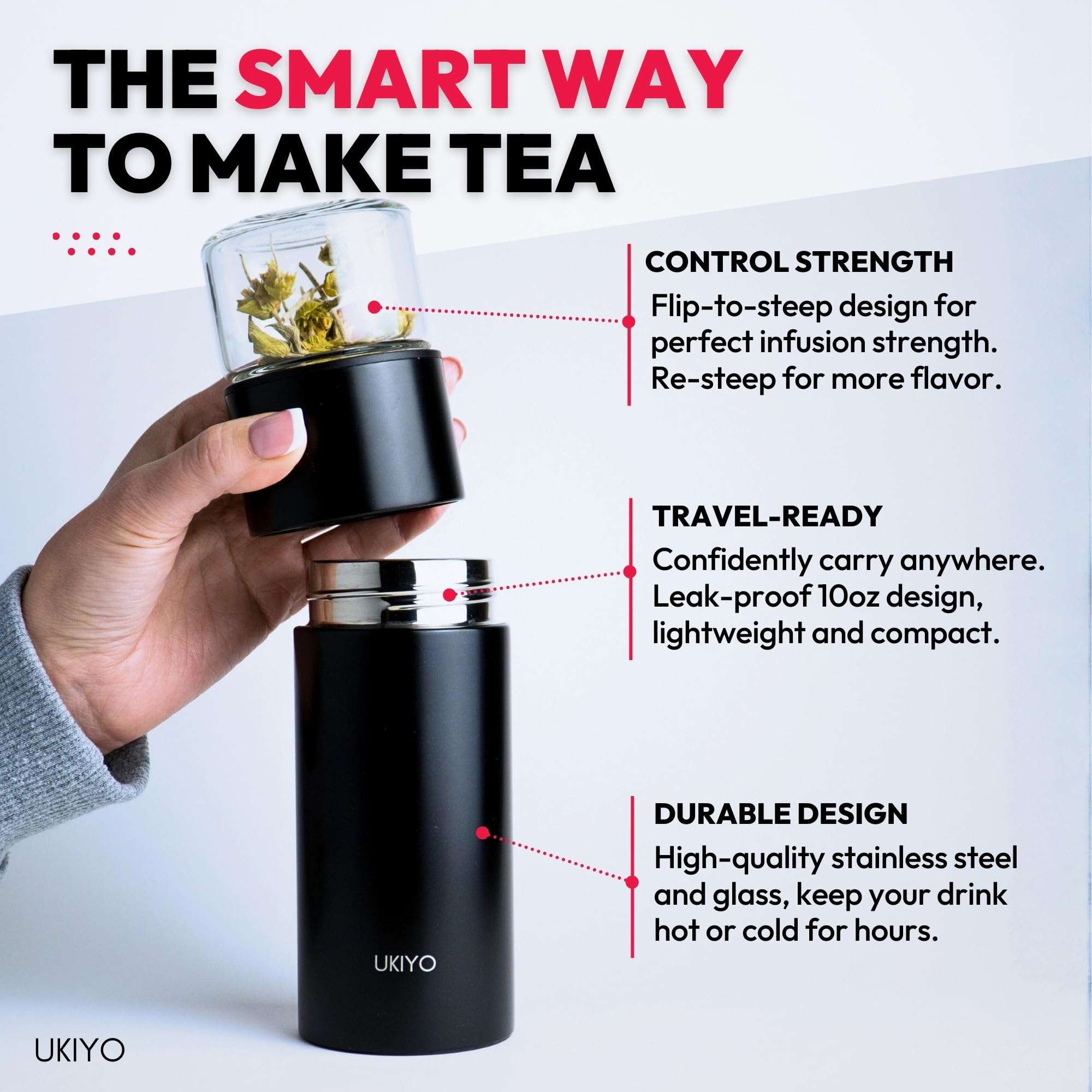Ukiyo - Botella de acero inoxidable y vidrio con infusor de té y frutas, vaso de viaje con filtro de acero inoxidable