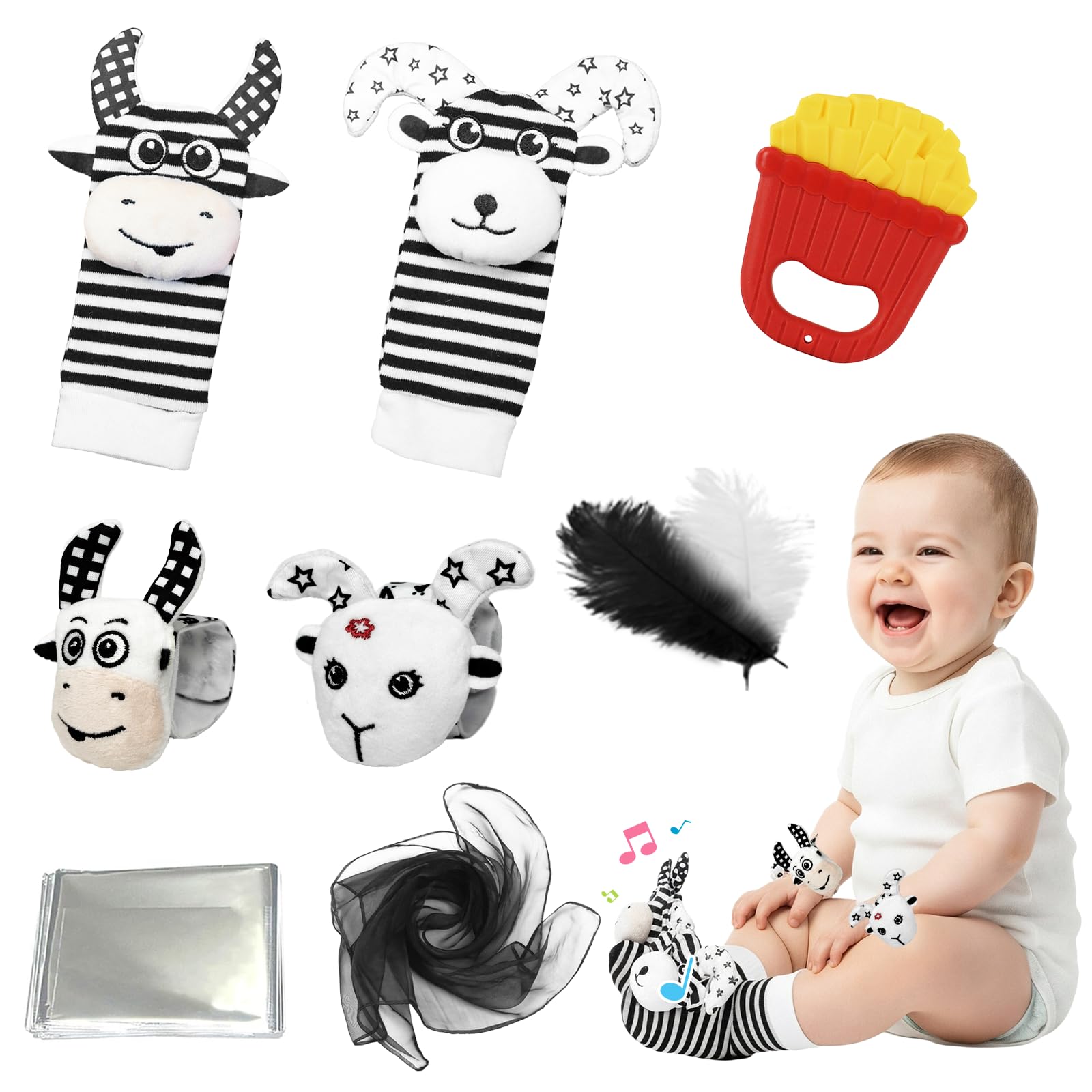 9 Pcs Baby Sensory Toy Set Sensory Foil Blanket Baby Wrist Rattles Rattle Socks Sensory Scarf Feathers for Babies Newborn Sensory Toy Scarf Feathers for 0 3 6 9 12 Months Early Learning Autism ADHD