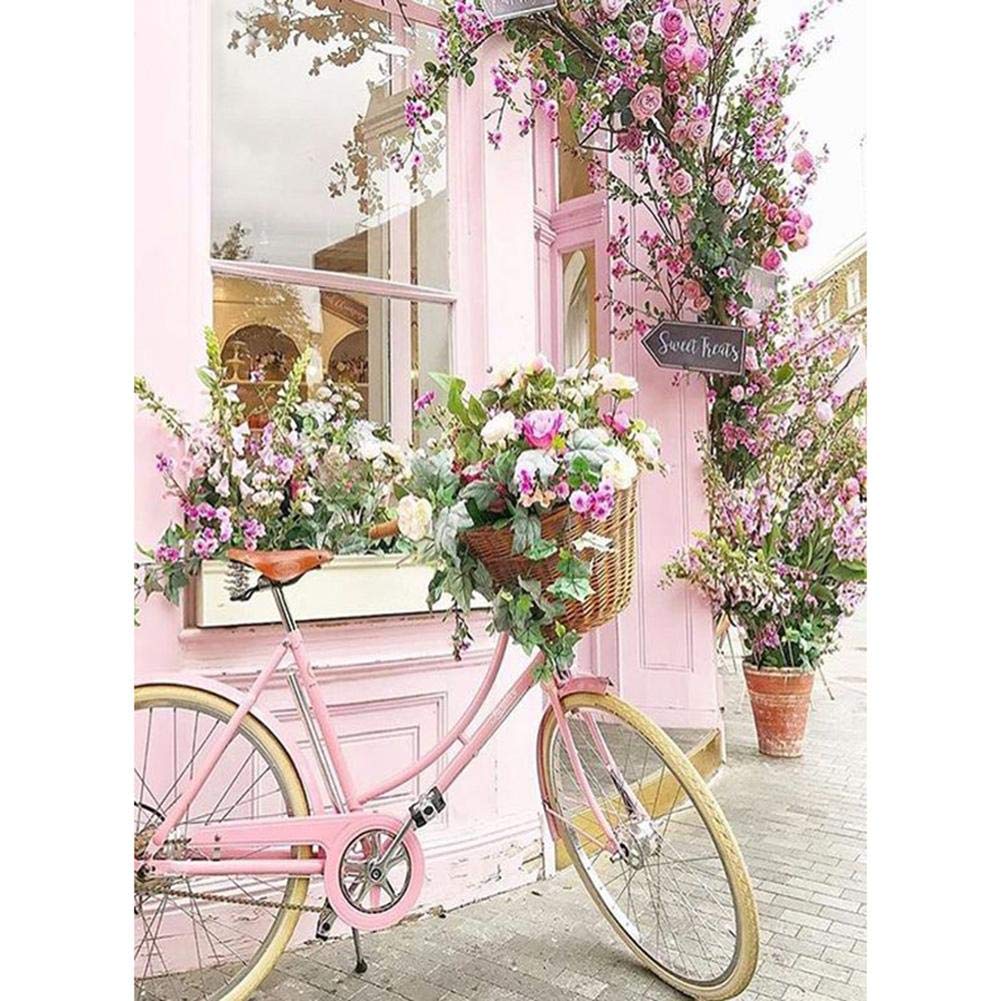 JUNERAIN 5D DIY Full Drill Diamond Painting Pink Bicycle Cross Stitch Embroidery Kit