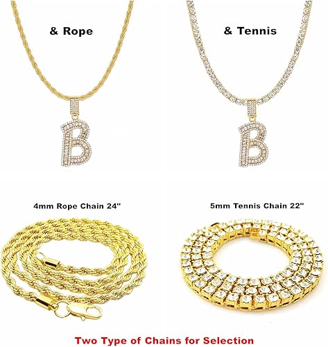 Miniatura 2 de Collar con dije de letra inicial, para hombre o mujer, estilo hip hop, letra inicial con diamantes de imitación, letras de A a Z, collar de 20