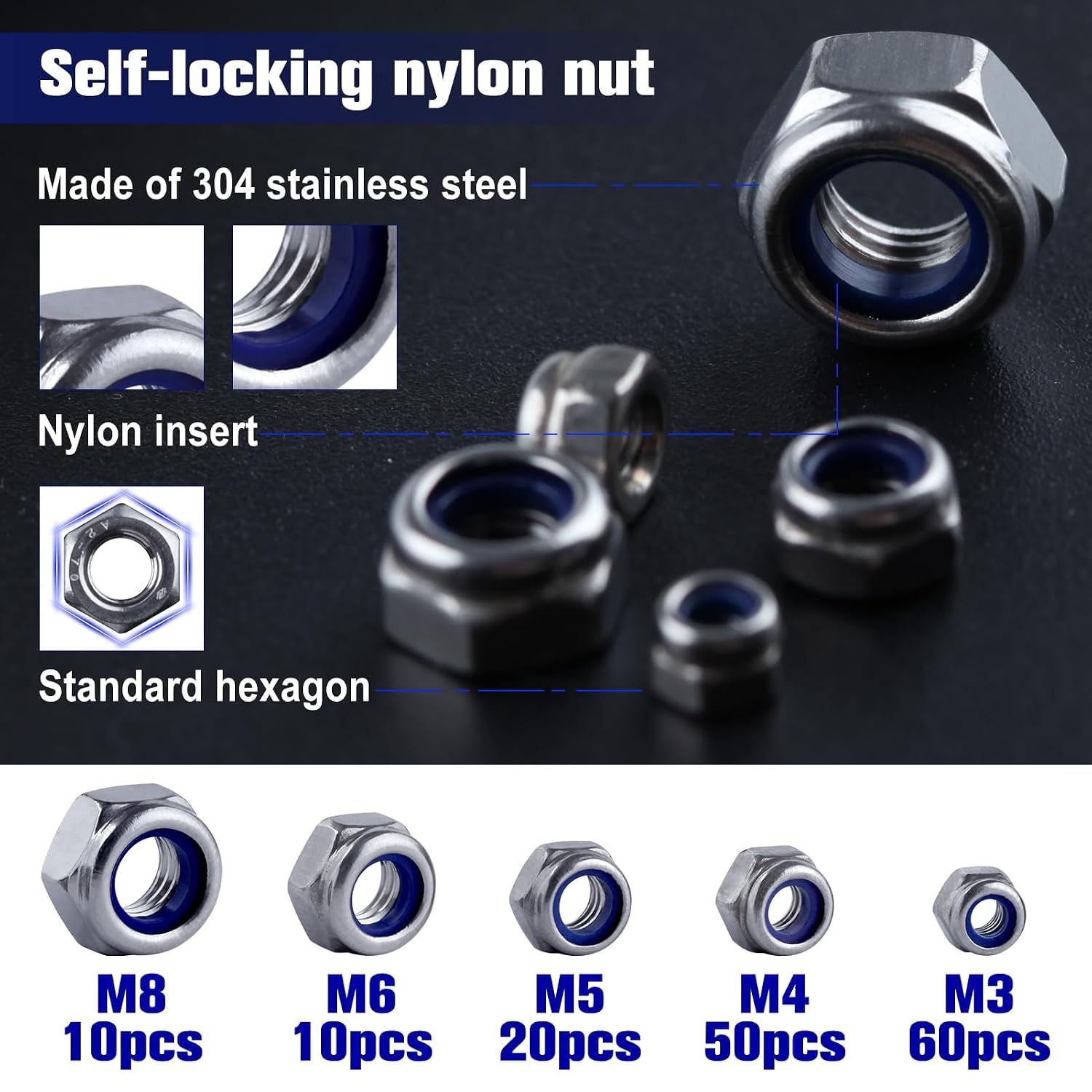 150 Pcs Metric Nylon Insert Hex Lock Nuts 304 Stainless Steel Locknuts Assortment Kit, M3 M4 M5 M6 M8 Standard Threaded Nylock Nuts for Screw Bolt, Self Locking Nuts Set with Storage Box
