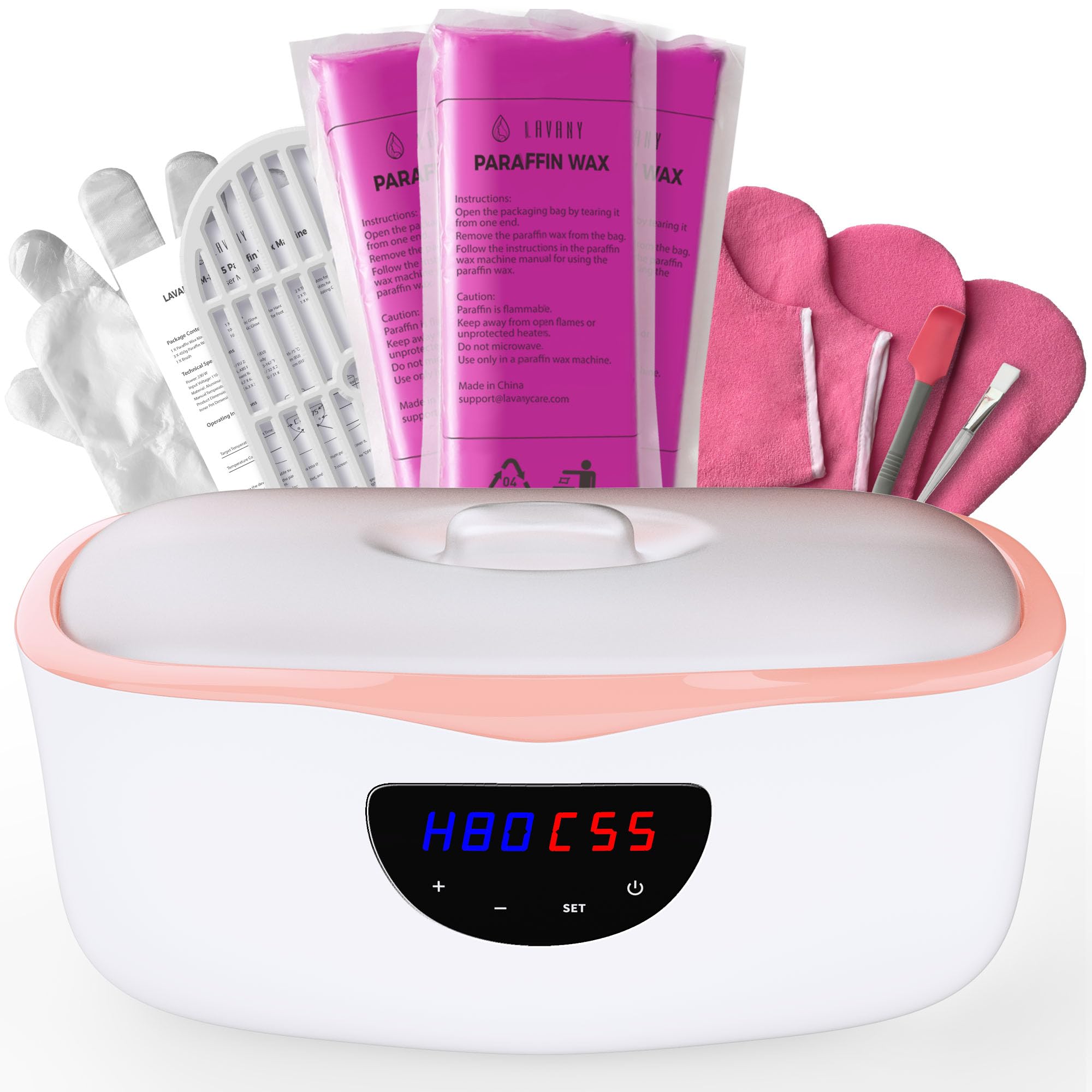 LAVANY - Baño de parafina para manos y pies, 4000 ml, máquina de baño de cera de parafina de 230 W, con accesorios, 1350 g de cera de parafina y guantes desechables (rosa)