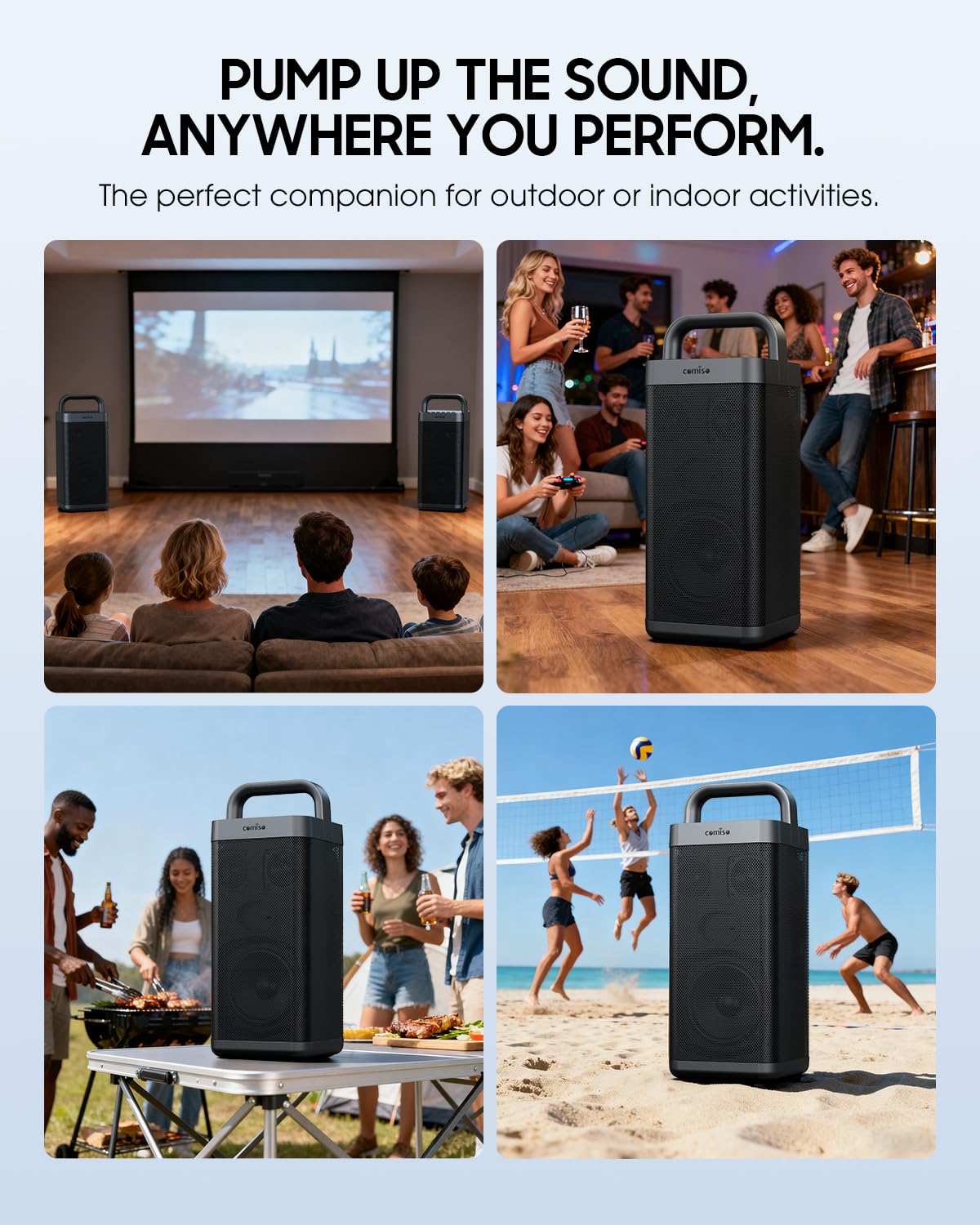 COMISO Portable Bluetooth Speaker with Deep Bass,150W Peak, IPX6 Waterproof Outdoor Speaker with 12H Playtime,Power Bank Function, Party Speaker with USB/AUX/Mic Inputs, Speakers for Home,Beach&Travel