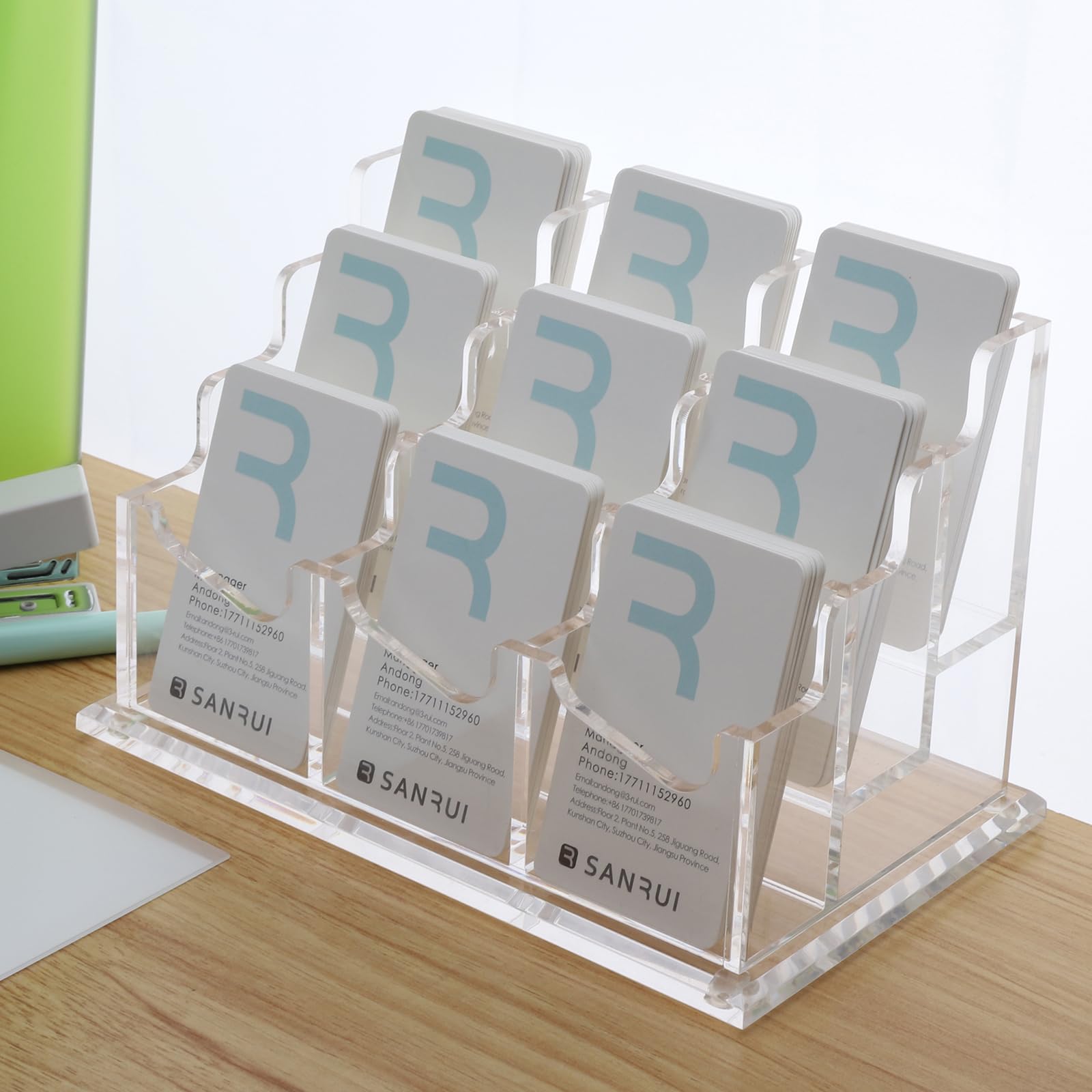SANRUI Business Card Holder for Desk,Clear Acrylic Business Card Holder Display Business Card Organizer Storage for Office Desktop Countertop 3 Tiers 9 Slots - Image 2