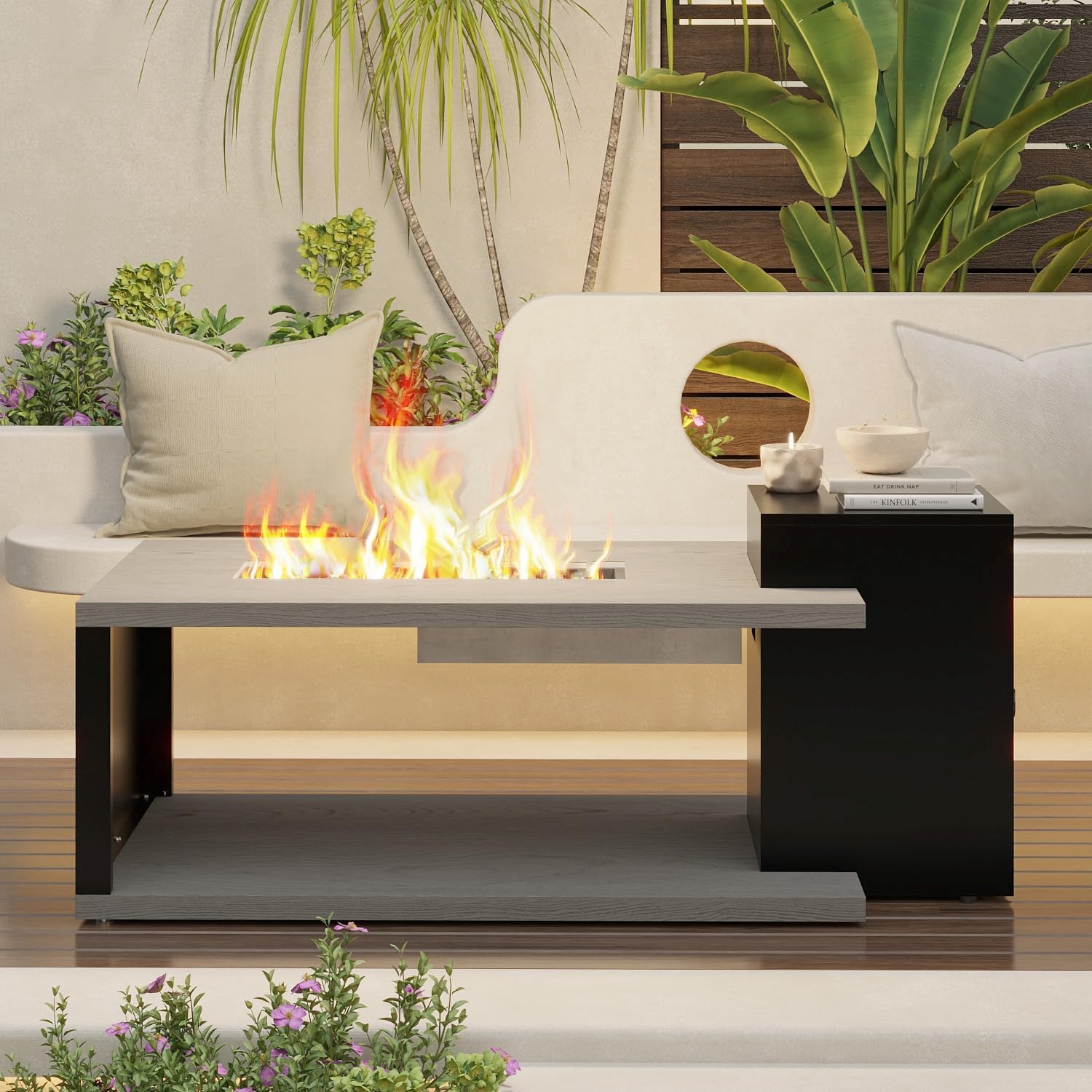 Lovinouse Propane Fire Pit,50000 BTU Tabletop Gas Fire Pit, Propane Smokeless Firepit with Cabinets, Stainless Steel Burner and CSA Certified,Firepit Outdoor Table for Patio,Deck Balcony,Black & Grey