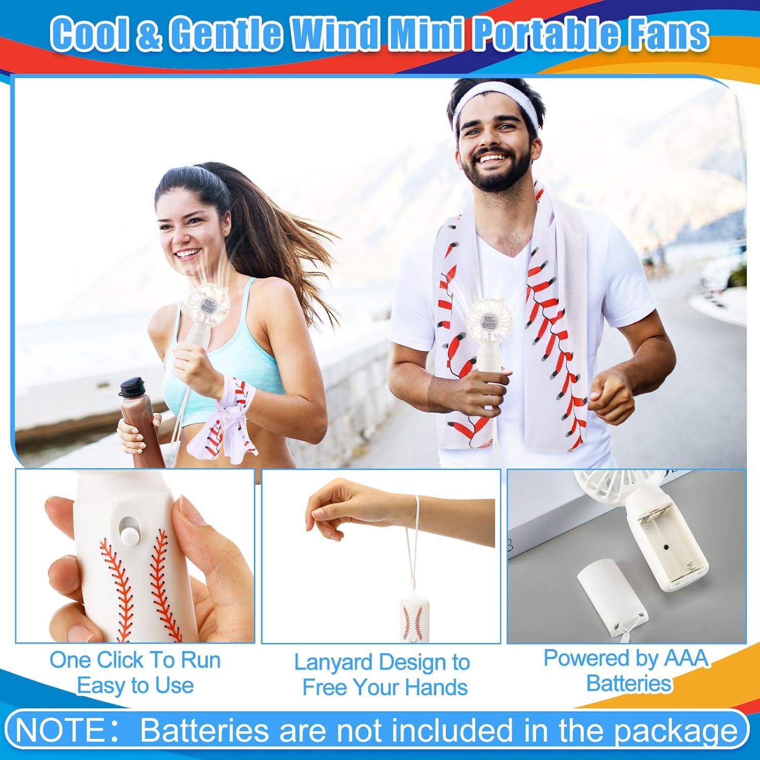 Retisee 24 Pcs Cooling Towel Mini Portable Fan Set 32 x 12 Inch Ice Towel Chilly Handheld Battery Powered Fan Cooling Sport Gifts for Travel Makeup Yoga Camping Running Summer (Baseball,White)