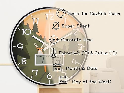 Miniatura 2 de JENLYSTIME Reloj de pared de 12 pulgadas con pantalla LCD digital, fecha, día de la semana, temperatura, analógico de cuarzo silencioso sin tictac.