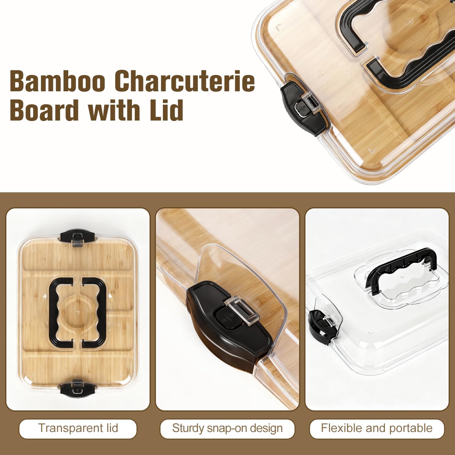 Charcuterie Boards,Bamboo Charcuterie Board with Lid&Cheese Tray Set, Portable Travel Charcuterie Board, Gifts for Housewarming, Weddings & Women