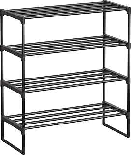 SONGMICS Shoe Rack, 4-Tier Shoe Organizer, Metal Storage Shelf, Upright or Upside Down, for 10-15 Pairs, Stackable, for Entryway, 11.8 x 26.8 x 29.5 Inches, Black ULSA204B01