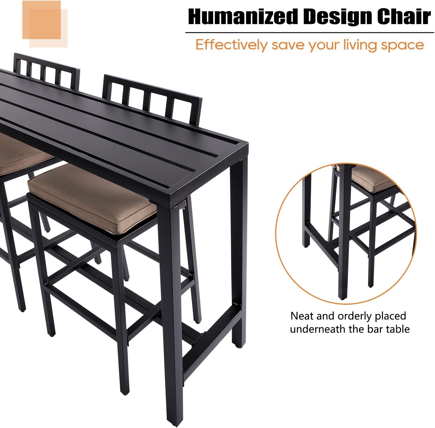 Outdoor Bar Chair & Table Set, 3 Piece Patio Set with Stools & Cushions for Backyard, Porch, Bistro, Balcony (Black, 47" Table, 2 Vertical Stools)